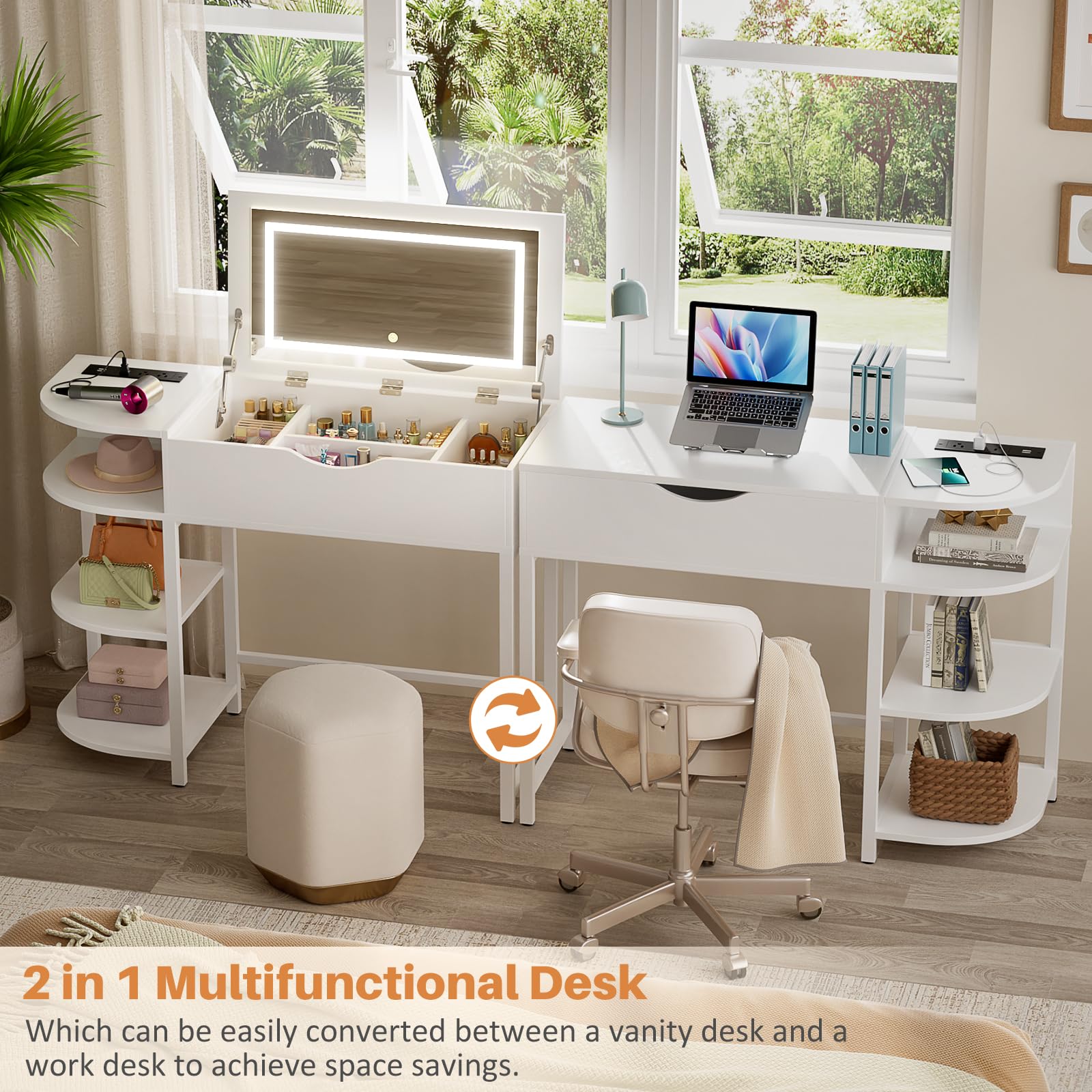 Cyclysio White Vanity Desk with Flip Top Mirror & LED Lights - Makeup Dressing Table with Storage Drawers, Shelves & USB Charging Station - Perfect for Small Spaces, Bedroom, Apartment & Dorm Room Organization