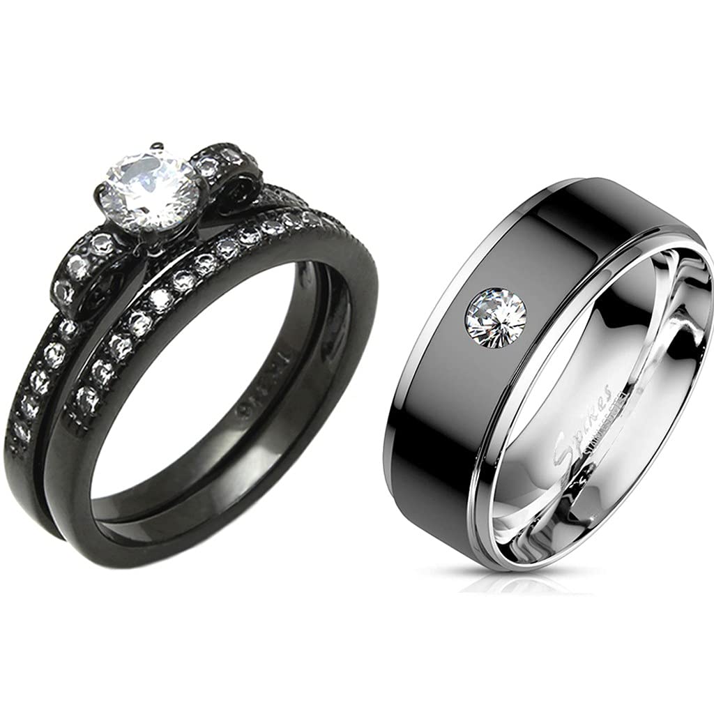 Couple Ring Set - Women's & Men's Round CZ Black Promise Rings, Bezel Set Wedding Bands for Engagement, Anniversary & Romantic Gifts - Perfect for Couples, Valentine's Day & Special Occasions