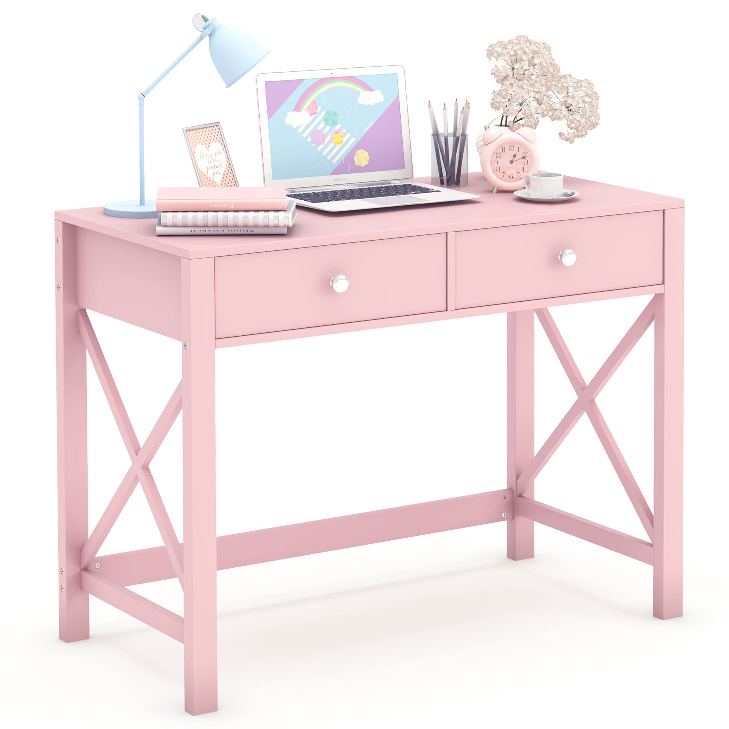 Modern Pink Home Office Desk with Drawers - WiberWi Small Writing Computer Desk & Study Table for Bedroom, Girls Makeup Vanity | Perfect for Remote Work, Online Classes & Beauty Routine Organization