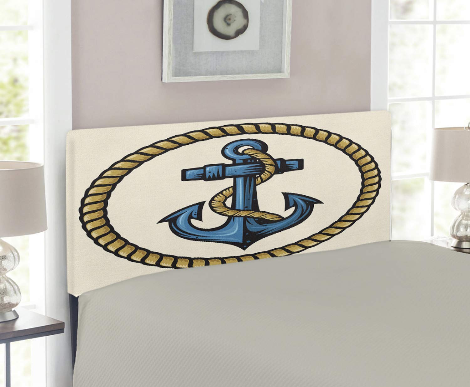 Ambesonne Nautical Anchor Headboard - Sailor Design with Marine Motifs, Upholstered Metal Bed Headboard with Memory Foam, Twin Size in Pale Coffee Blue Cream - Perfect for Coastal, Beach House, or Nautical Themed Bedrooms