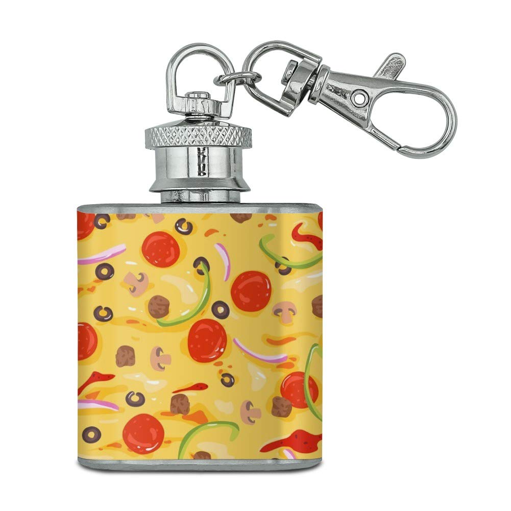 Stainless Steel 1oz Mini Flask Keychain with Pizza Design - Pepperoni, Olives & Onions Pattern | Perfect for Gifts, Parties & Outdoor Adventures