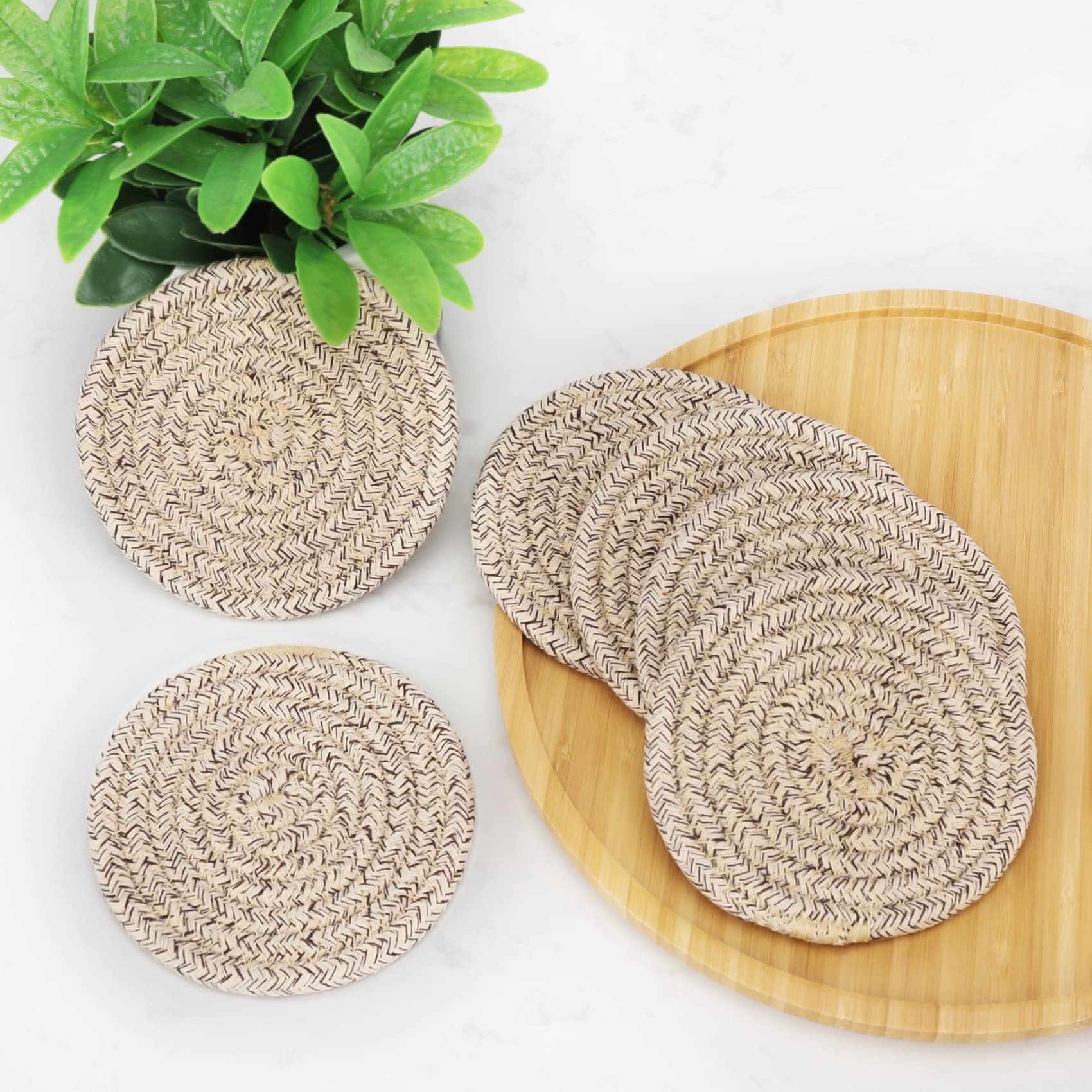 ABenkle Set of 6 Woven Boho Coasters - 4.3 Inch Absorbent Drink Coasters for Coffee, Wine & Beer - Perfect Housewarming Gift, Home Decor & Bar Essentials - Ideal for Coffee Tables, Kitchen Countertops & Outdoor Entertaining
