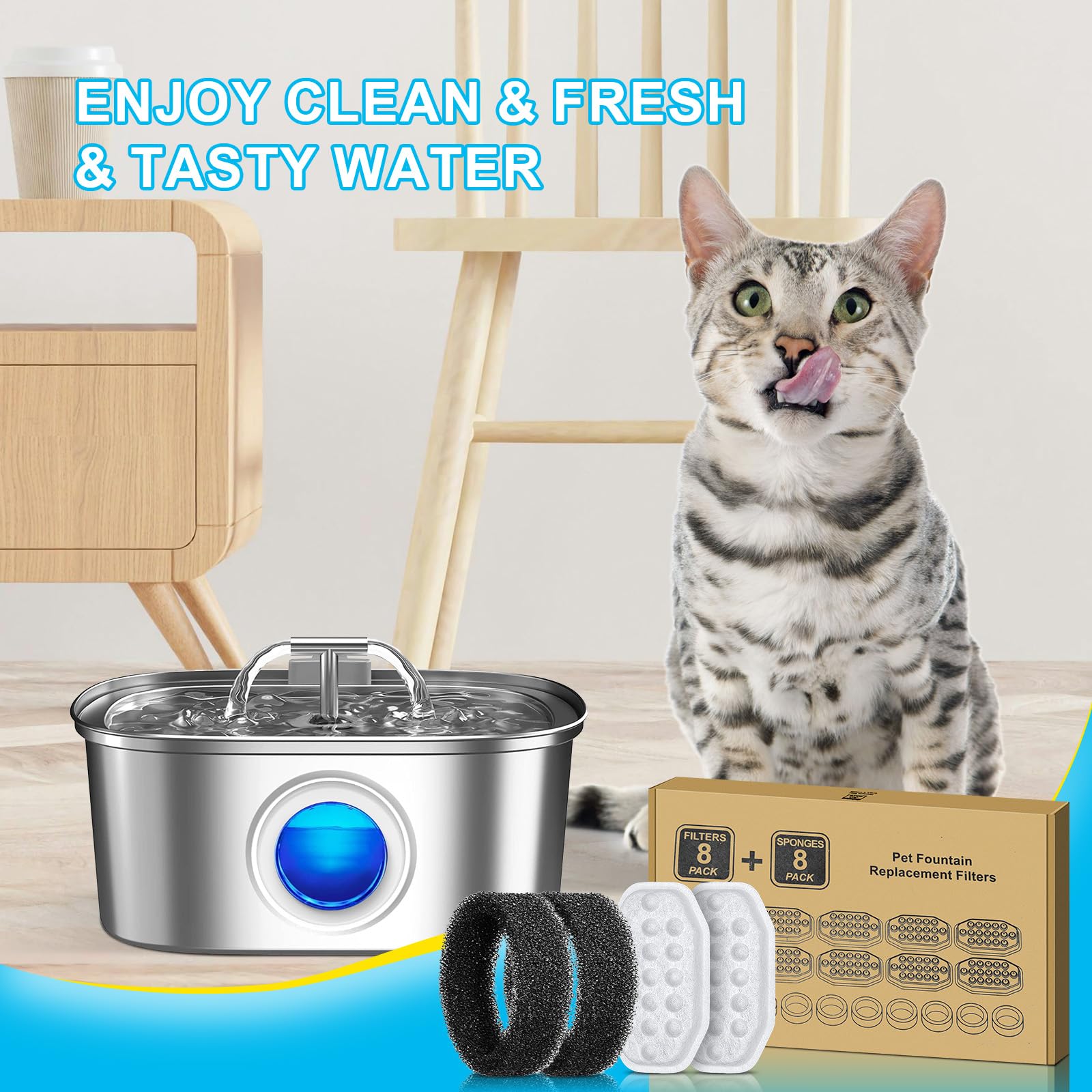 16 Pack Cat Water Fountain Replacement Filters & Pre-Filter Sponges for 108oz/3.2L Stainless Steel Pet Fountain with Water Level Window - Compatible with Most Cat Water Dispensers, Ideal for Home & Office Use