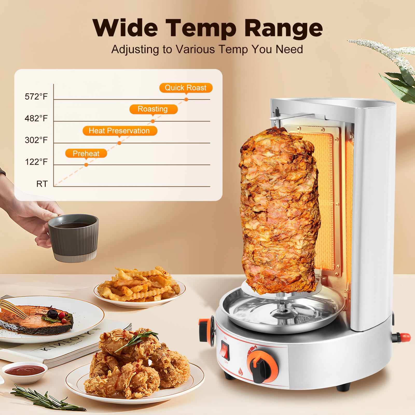 3KW Commercial Electric Vertical Broiler - Gas Doner Kebab Machine, Shawarma Rotisserie Grill with 2 Burners for Gyro, 3.28Ft Power Cord & 2.95Ft Gas Hose - Perfect for Restaurants, Food Trucks, and Catering Businesses