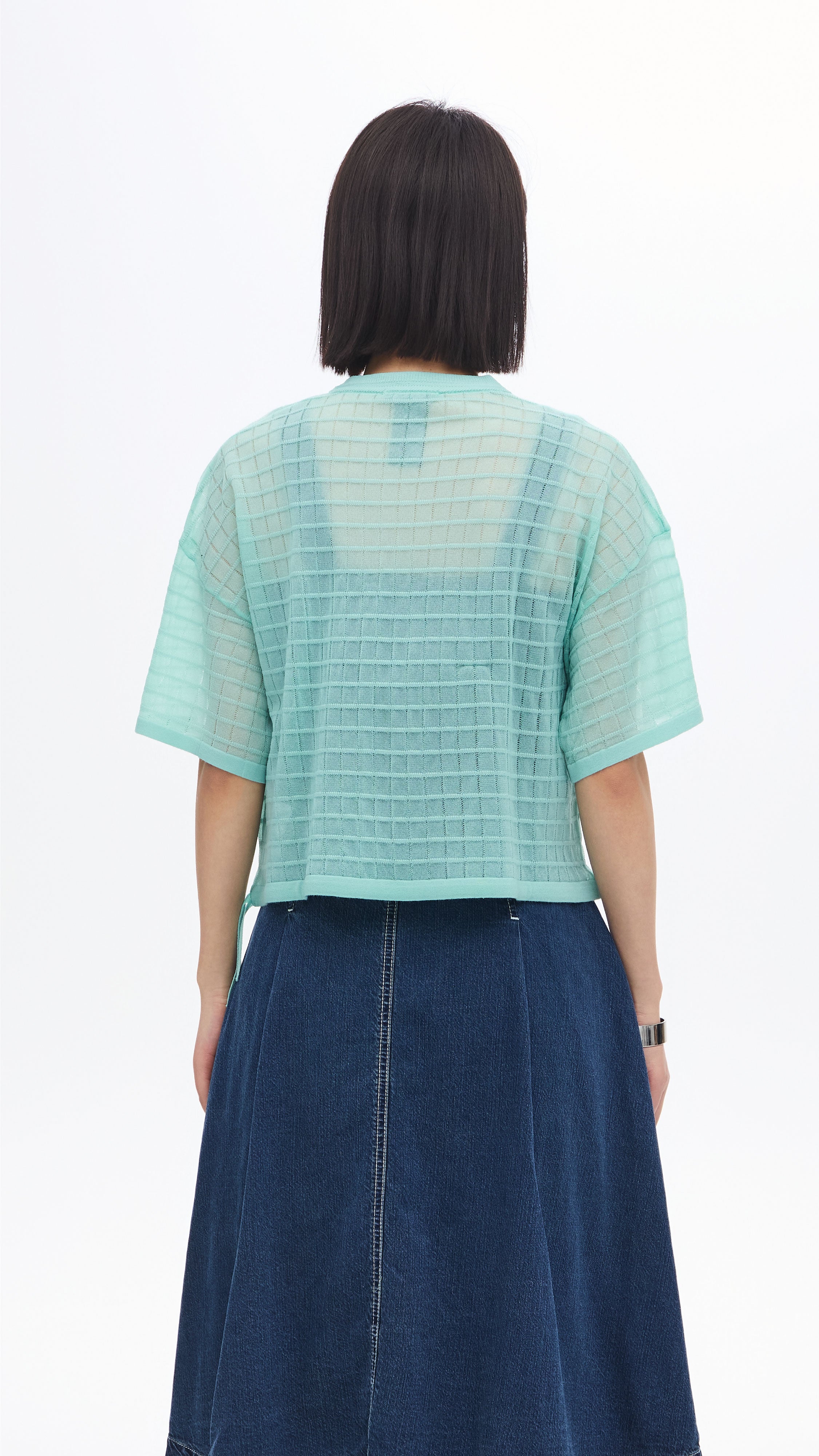 Sheer Checker Knit Top for Women - Trendy See-Through Loose Fit Blouse for Casual Outings & Layering