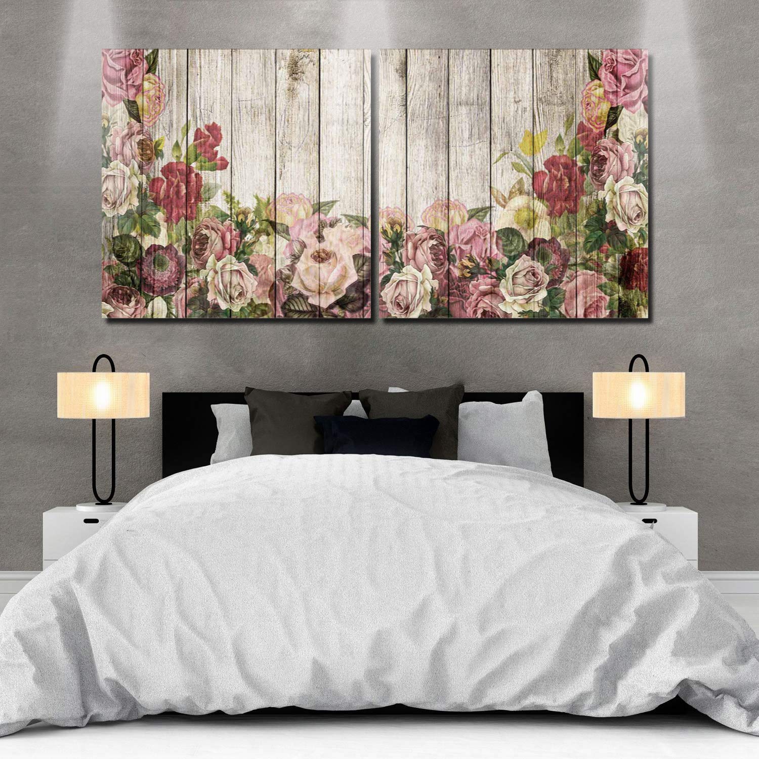 Vintage Floral Canvas Wall Art Set of 2 - 8x8 Inch Framed Rose Blossom Paintings for Living Room, Bedroom, Kitchen & Bathroom Decor - Perfect for Home, Office & Gift Giving