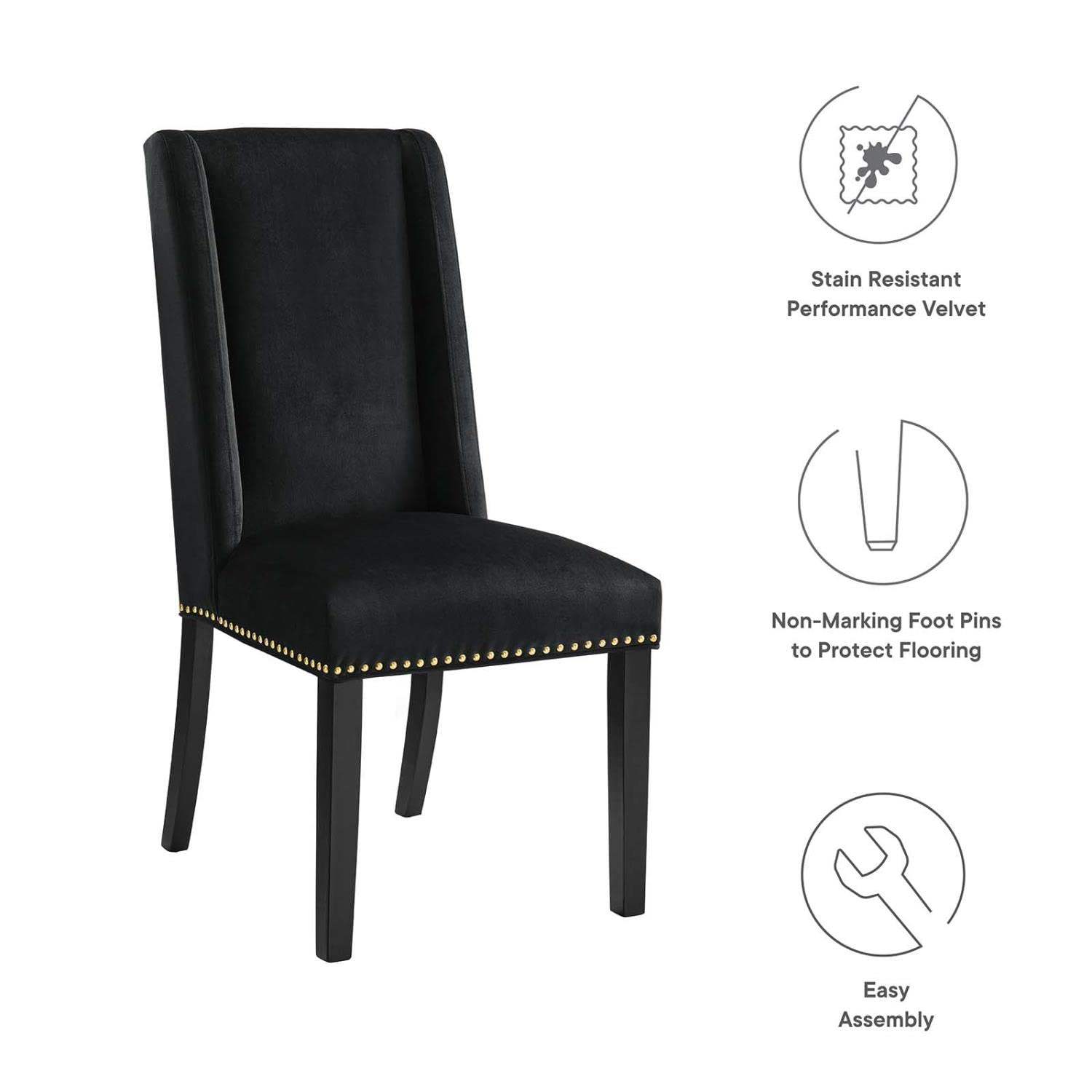 Modway Baron Performance Velvet Dining Chairs Set of 2 - Black Modern Upholstered Side Chairs for Kitchen, Dining Room & Home Office - EEI-5012-BLK