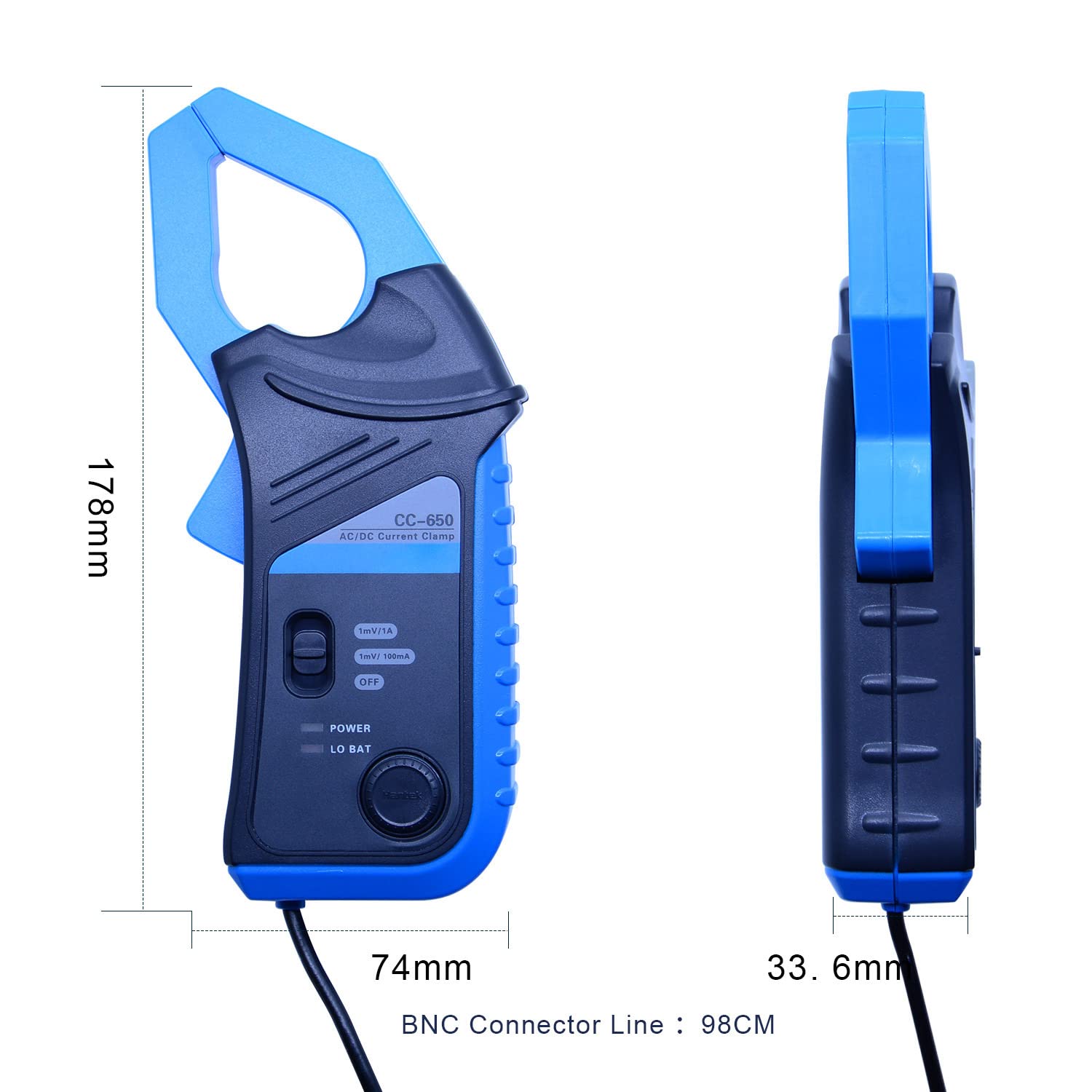 AC/DC Current Clamp Meter for Oscilloscope - 40KHz Bandwidth, 1mV/10mA Sensitivity, 650A Capacity with BNC Plug (CC-650) - Perfect for Electrical Testing, Automotive Diagnostics & Industrial Maintenance
