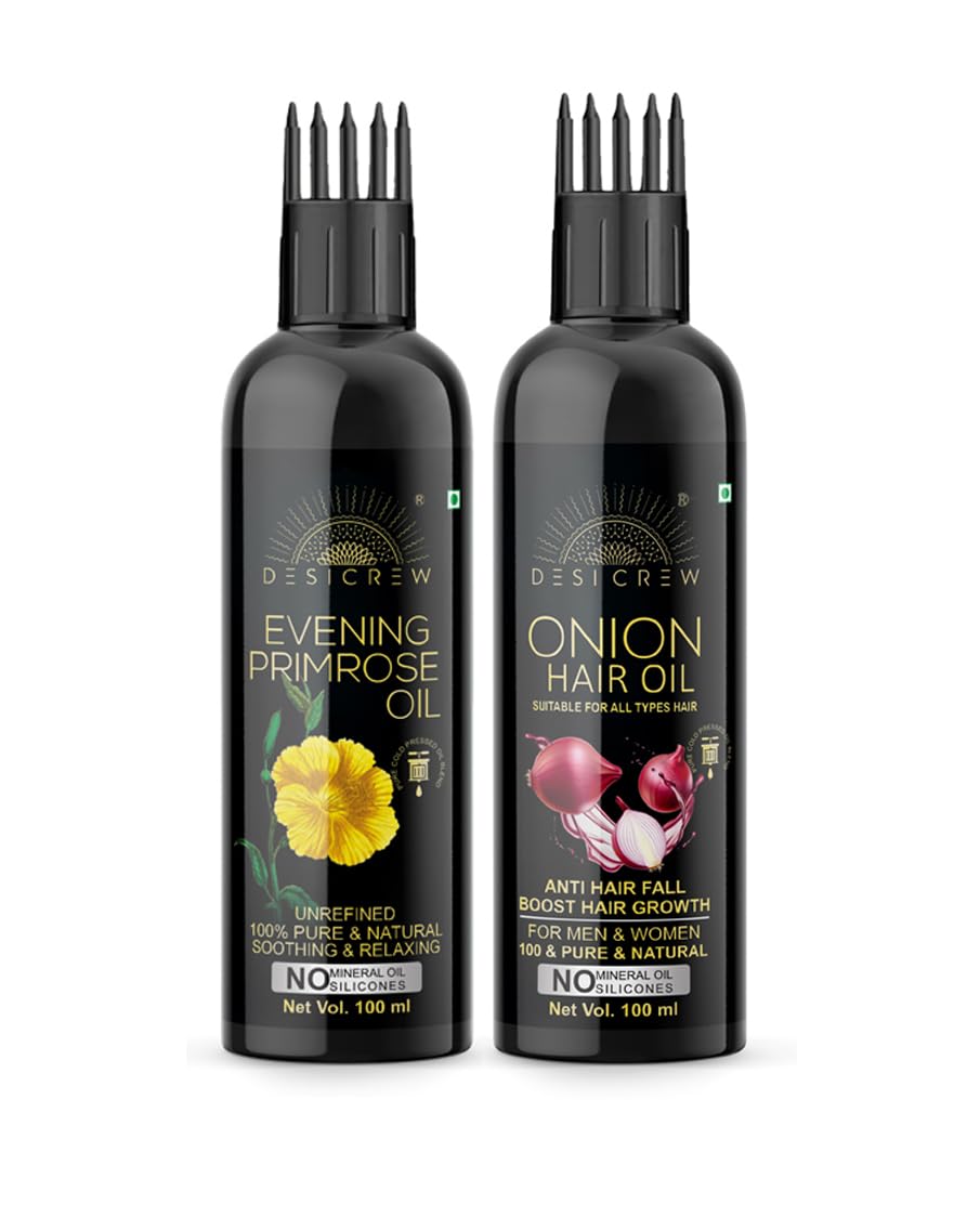 Pure Evening Primrose & Onion Cold Pressed Hair Oil with Applicator - 2 Pack (100ml x 2) for Skin, Body & Hair Care | Promotes Hair Growth & Moisturizes Scalp | Perfect for Daily Hair Treatment & Massage