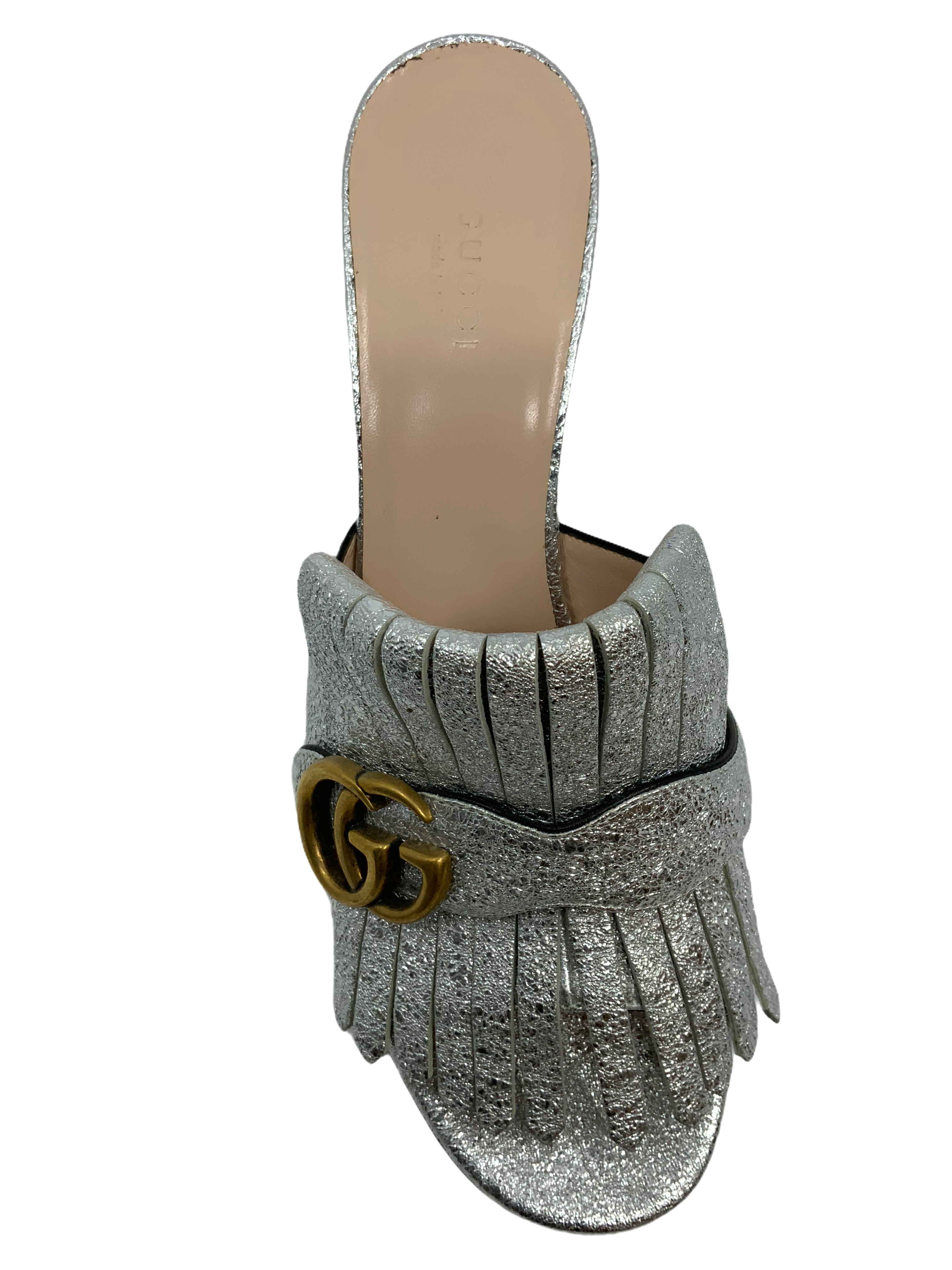 Gucci Marmont GG Metallic Foil Leather Fringe Mules Women's Size 9.5 - Luxury Designer Slip-On Shoes for Casual Outings & Evening Events
