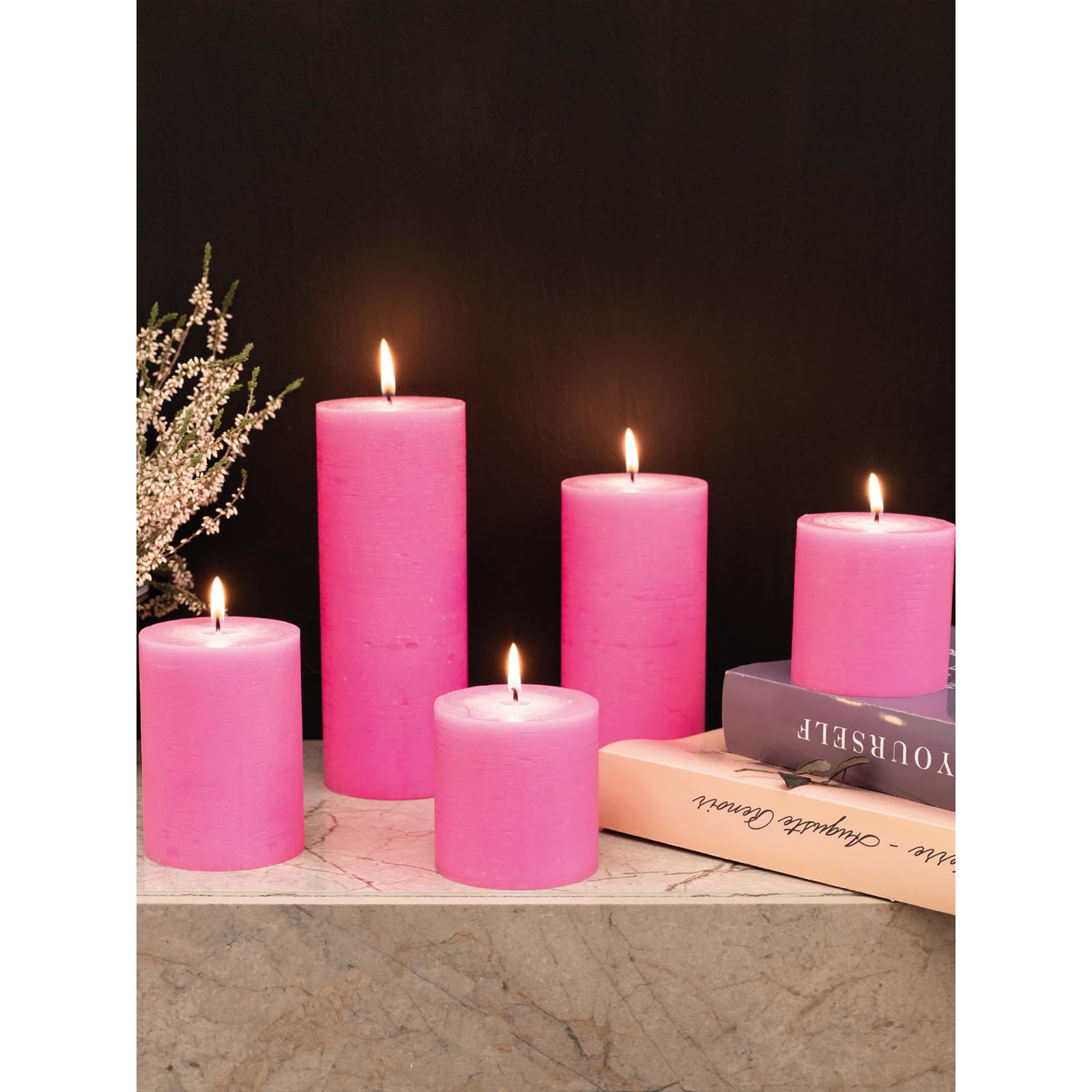 3x3 Inch Unscented Pillar Candles Set of 3 - Rustic Decorative Dinner Candles for Wedding & Home Decor - Hot Pink Large Candles for Centerpieces, Tablescapes & Romantic Ambiance