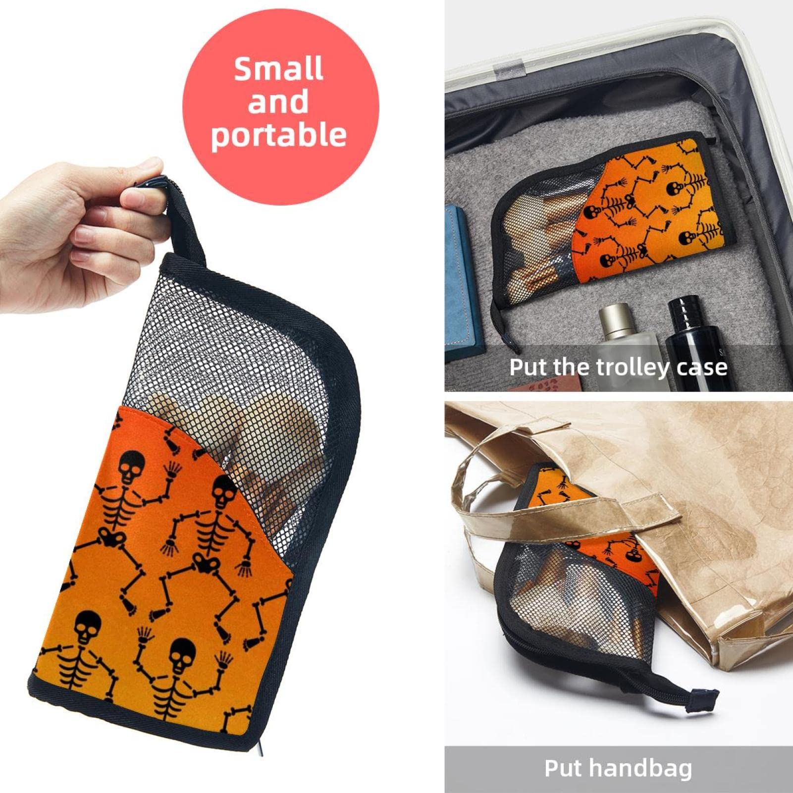 12-Piece Makeup Brush Organizer Bag with Skeleton Skull Gradient Orange Design - Portable Cosmetic Brush Holder Case for Travel, Home & Professional Makeup Artists