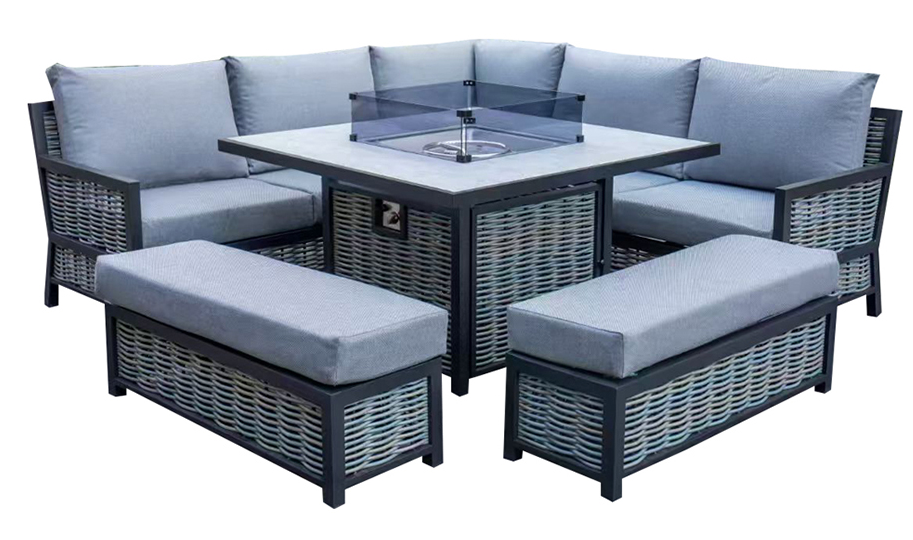Luxury Grey Rattan L-Shaped Patio Set with Square Fire Pit Table - Outdoor Furniture for Garden, Backyard, and Poolside Relaxation