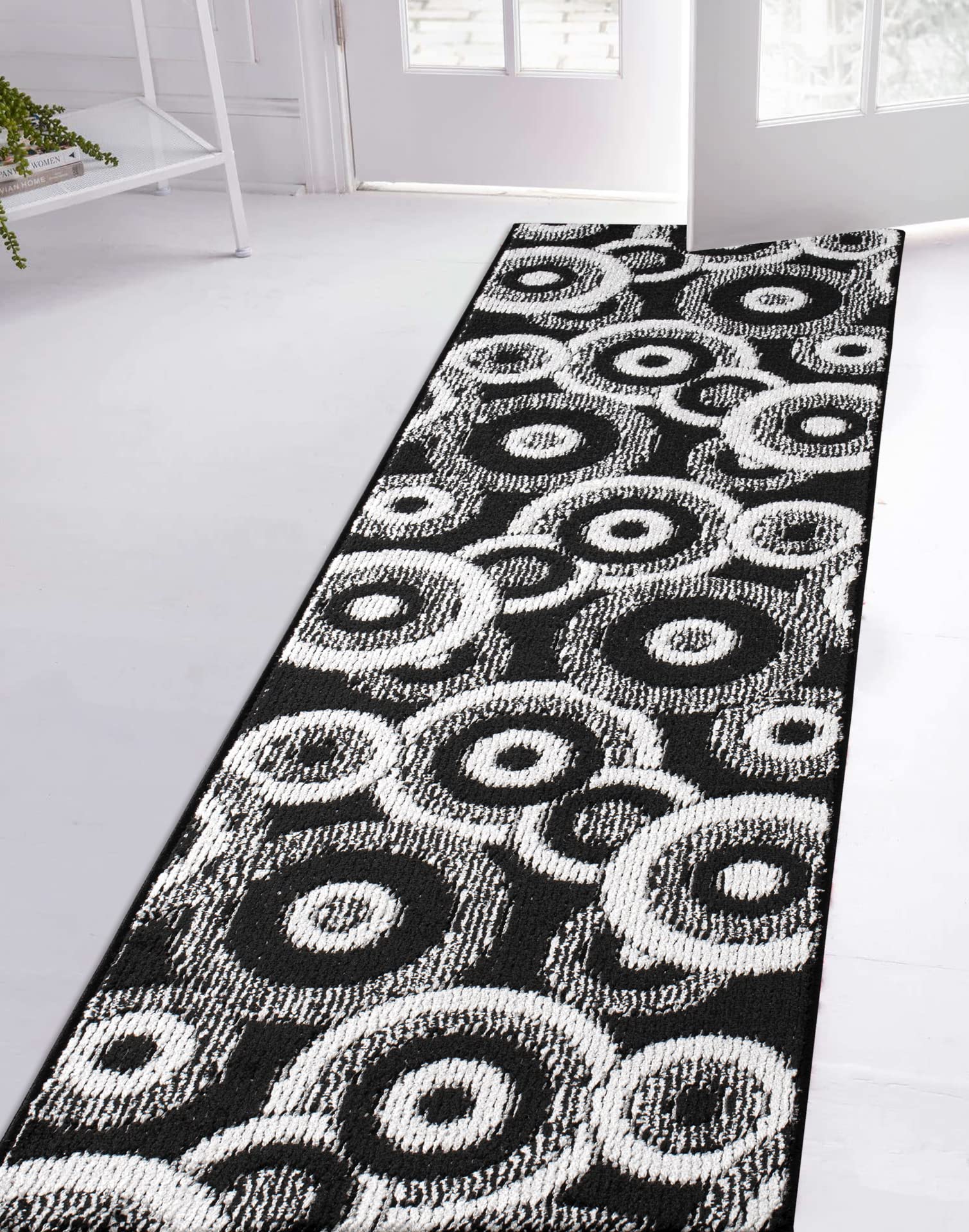 Non-Slip Rubber Backed Hallway Runner Rug - 12 ft Modern Geometric Black Carpet for Narrow Spaces | Pet-Friendly & Easy Care | Perfect for High-Traffic Areas, Entryways & Slippery Floors