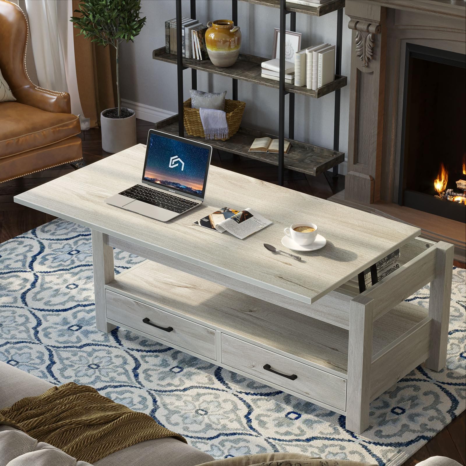 Rolanstar Lift Top Coffee Table with Drawers & Hidden Storage - Solid Wood Lift-Top Living Room Table, Grey - Perfect for Small Spaces, Home Office & Cozy Living Rooms