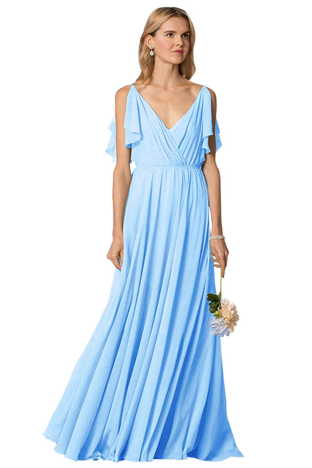 Elegant Long Ruffles Chiffon Bridesmaid Dresses V-Neck Straps Blush Wedding Party Gowns for Women - Perfect for Formal Events, Weddings, and Special Occasions