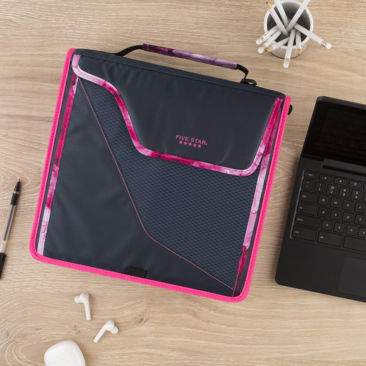 Five Star 3 Inch 3-Ring Binder with Zipper - 850 Sheet Capacity School Binder, 5-Tab Expanding File Organizer, Removable Padded Case - Navy & Pink (292960D) - Perfect for Students, Office Work & Document Storage