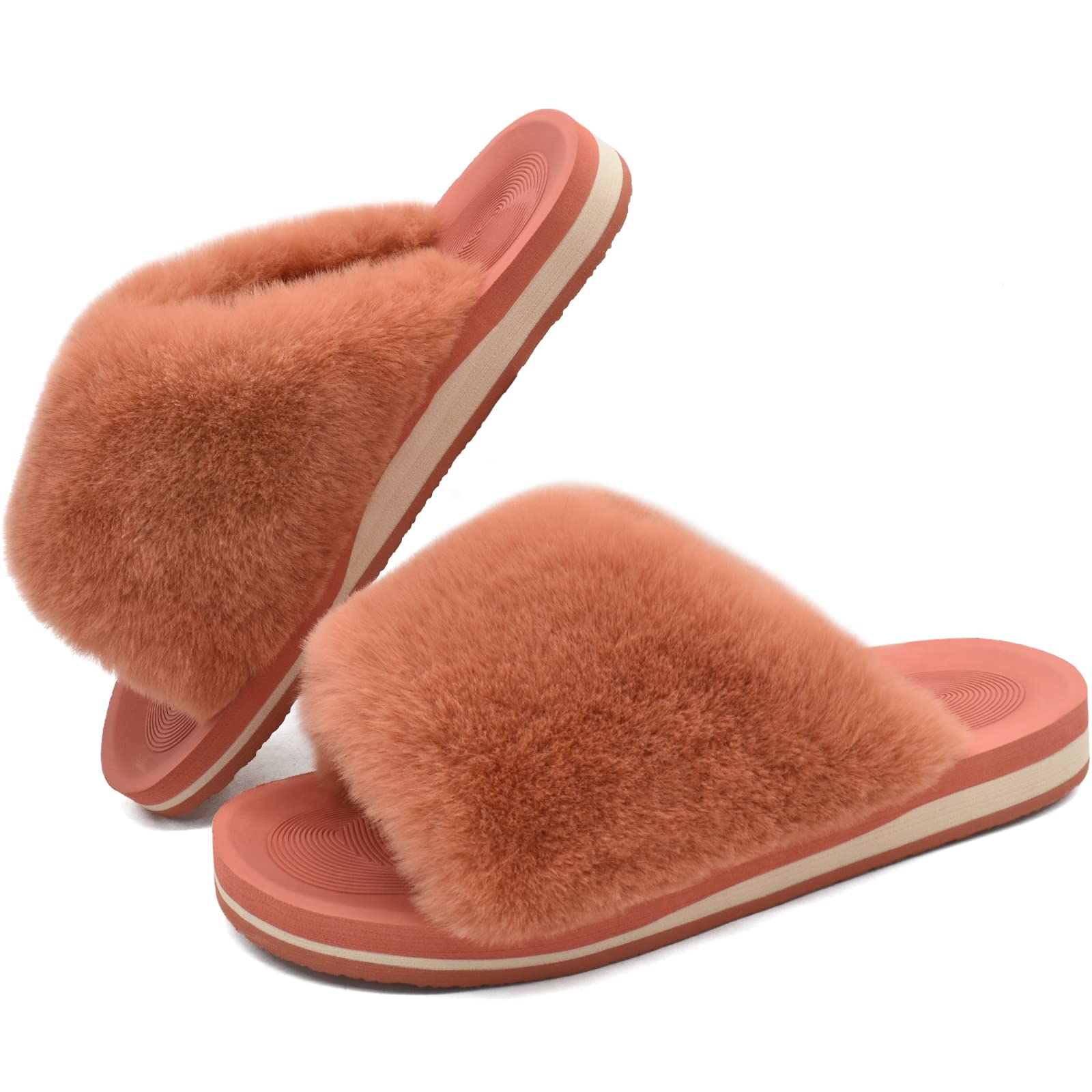 Women's Fuzzy Fur Slides - Soft Fluffy House Slippers with Arch Support | Open Toe Slip-On Sandals for Indoor Comfort - Perfect for Lounging, Spa Days & Cozy Home Wear