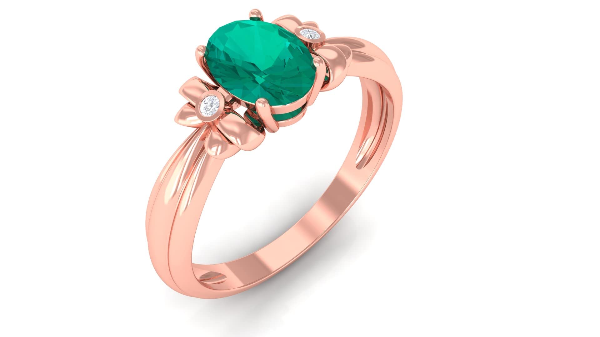 1 CT Oval Cut Emerald Solitaire Ring with Round Diamond Floral Accents - May Birthstone Ring in 14K Solid Gold - Perfect for Weddings, Anniversaries & Special Occasions
