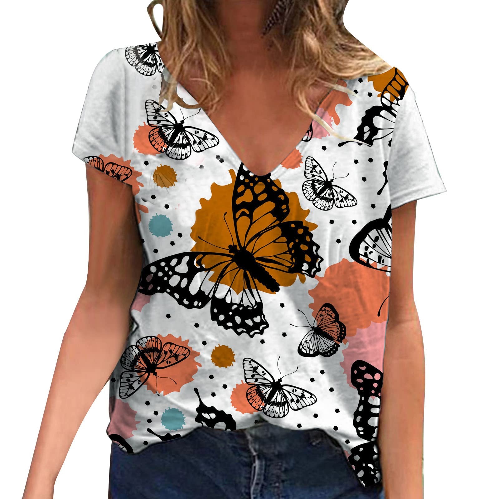 Trendy Women's Summer Casual V-Neck Printed Short Sleeve Tunic Blouse - Loose Fit T-Shirt Top for Going Out (Brown, XXL) | Perfect for Beach, Vacation, and Everyday Wear