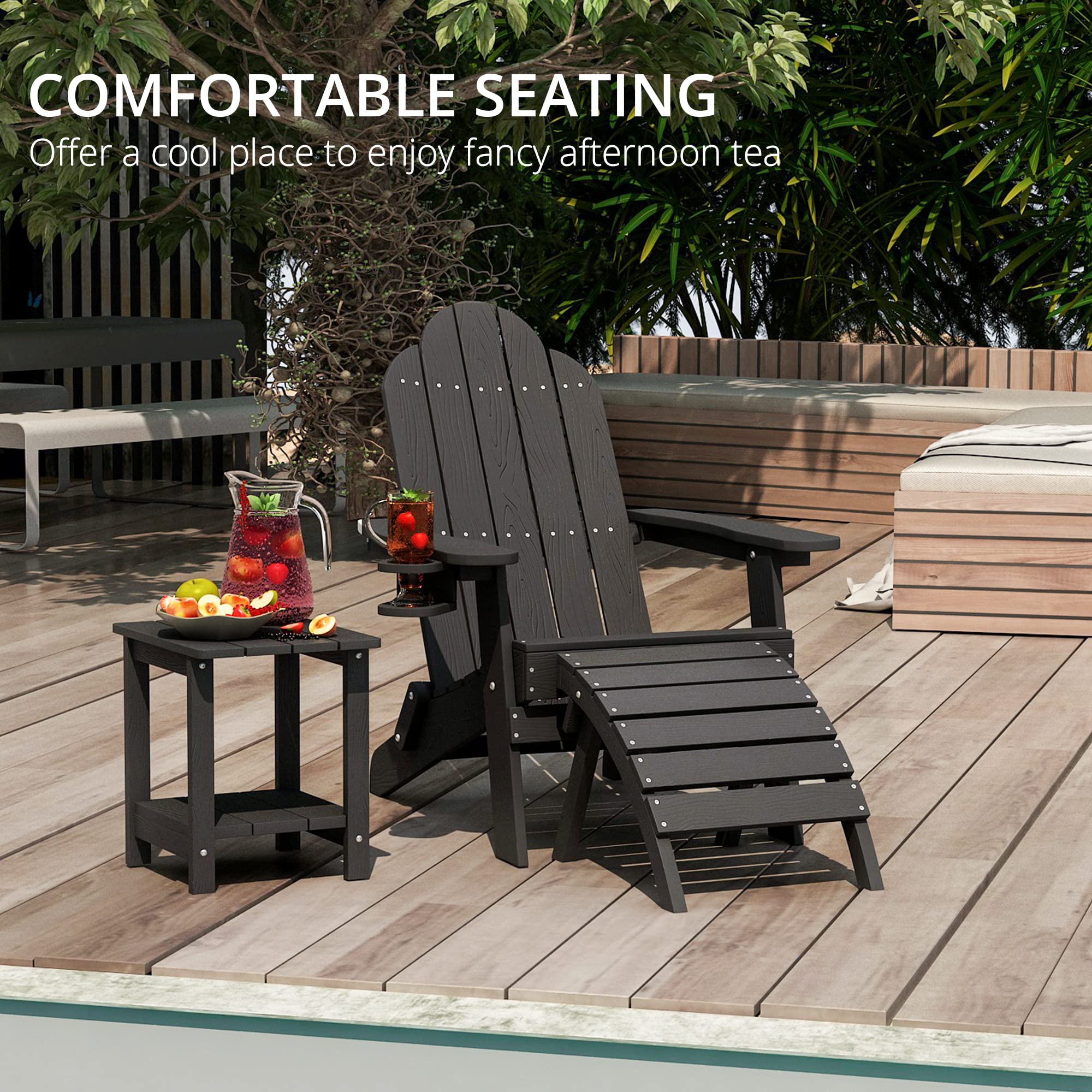 LUE BONA 2-Piece Folding Adirondack Chair Set with Side Table - Black HDPS Fire-Resistant Outdoor Patio Furniture with Cup Holders | Perfect for Backyard, Garden, Deck & Poolside Relaxation