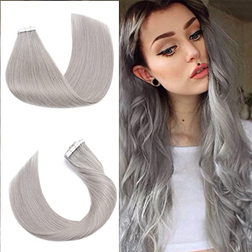 20pcs 40g Tape in Hair Extensions 100% Remy Human Hair - Balayage Grey Seamless Straight Double Sided Tape in Extensions (12 inch #GREY) for Daily Styling, Parties & Special Occasions