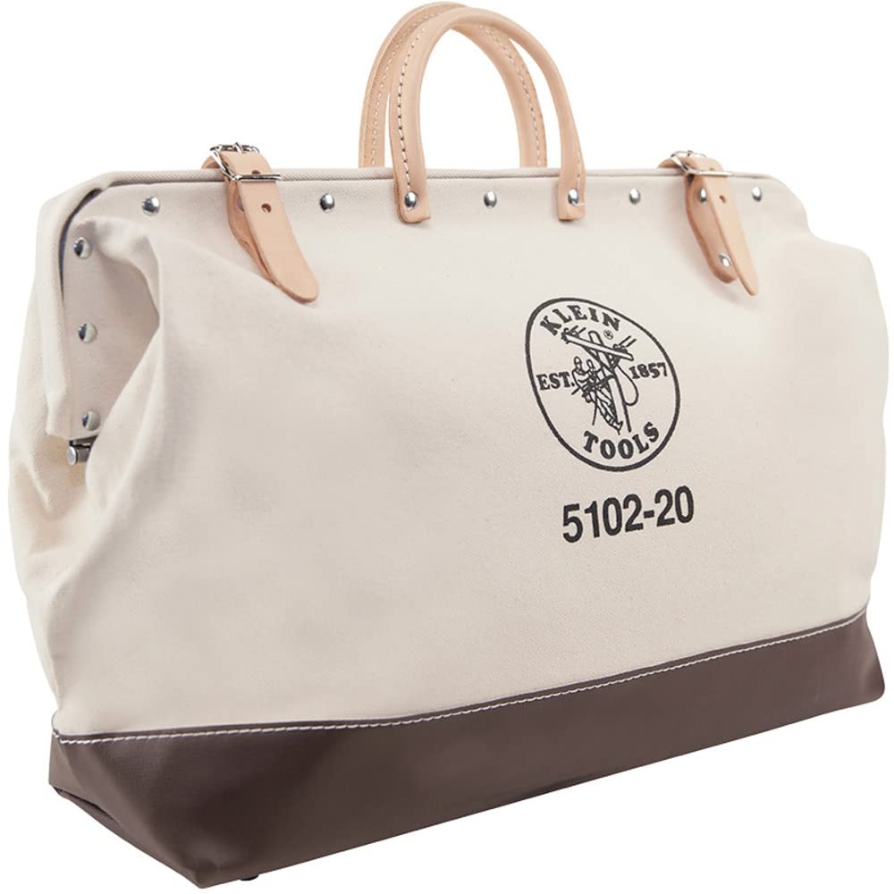 Klein Tools 5102-20 Heavy Duty Natural Canvas Tool Bag - 20-Inch Professional Tool Tote with Wide Hinged Opening & Leather Handles - Durable Multi-Purpose Work Bag for Electricians, Contractors & DIY Projects - Perfect for Construction Sites, Workshops & Home Repairs