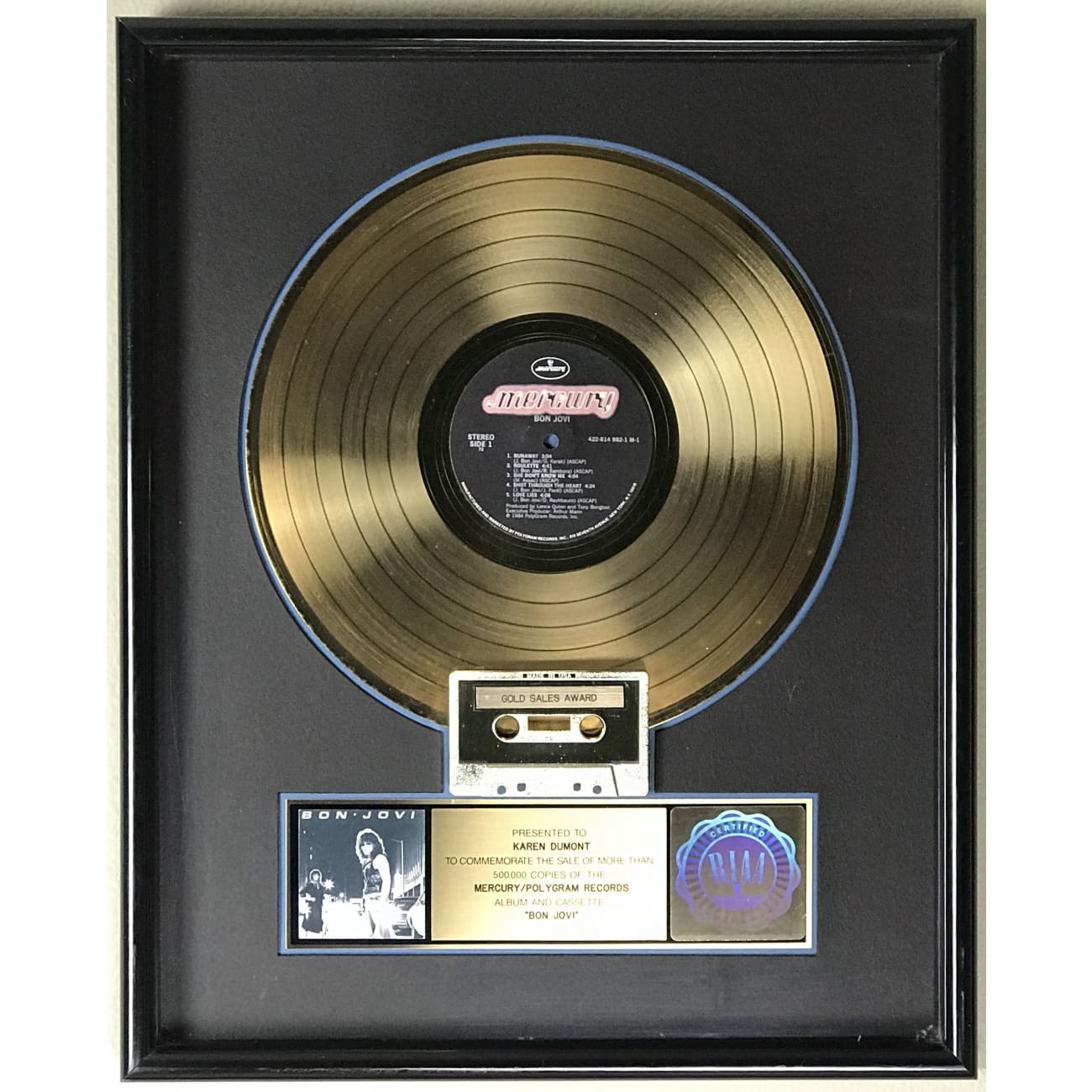 Bon Jovi Debut RIAA Gold Album Award - Certified Music Collectible for Fans & Memorabilia Enthusiasts - Perfect for Display in Music Rooms, Theaters & Fan Collections