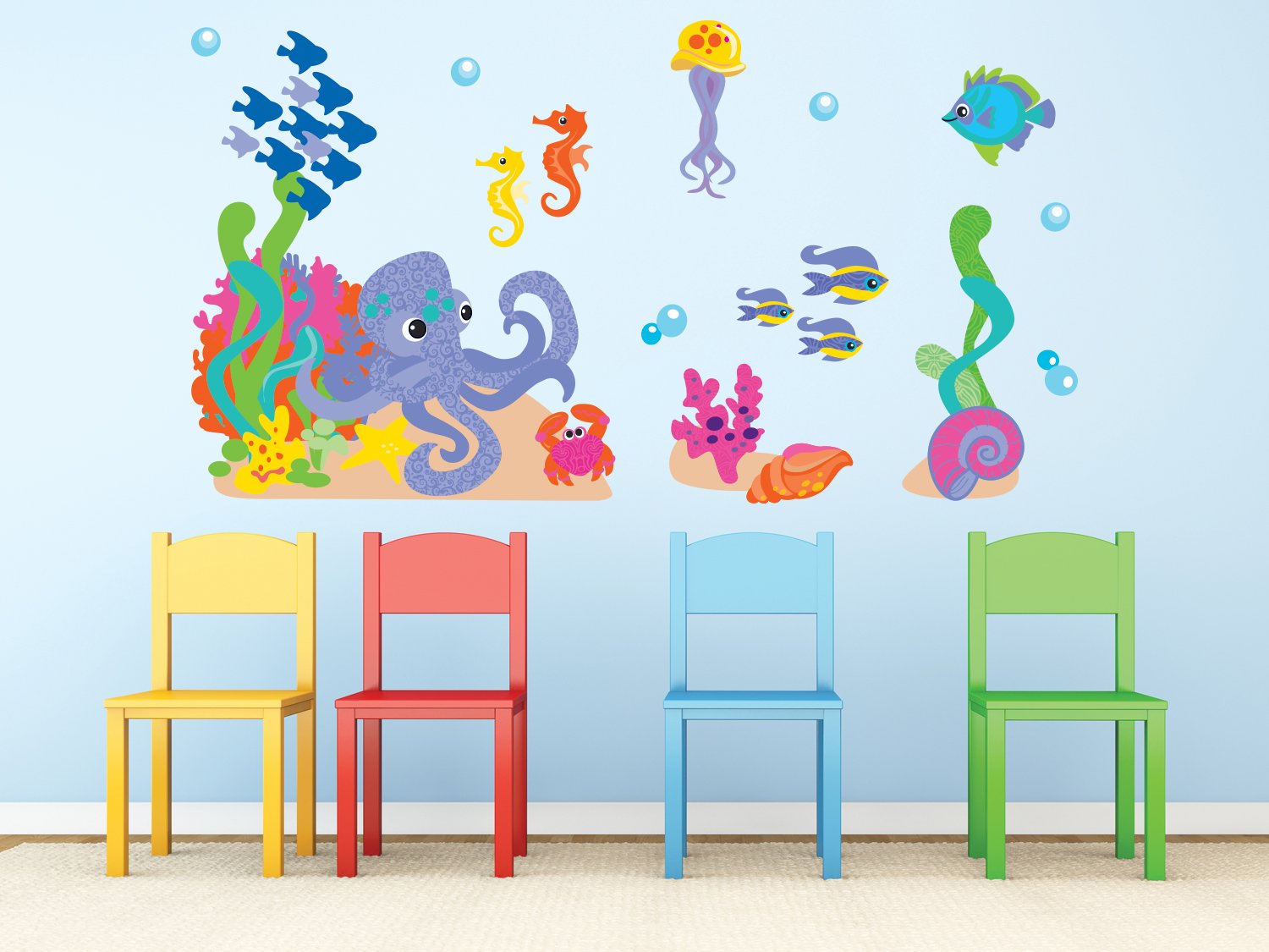 Ocean Fabric Wall Decal Set - Underwater Sea Theme with Fish, Octopus & Seahorses | Reusable & Repositionable Jumbo Wall Stickers for Kids' Room, Nursery & Classroom Decor