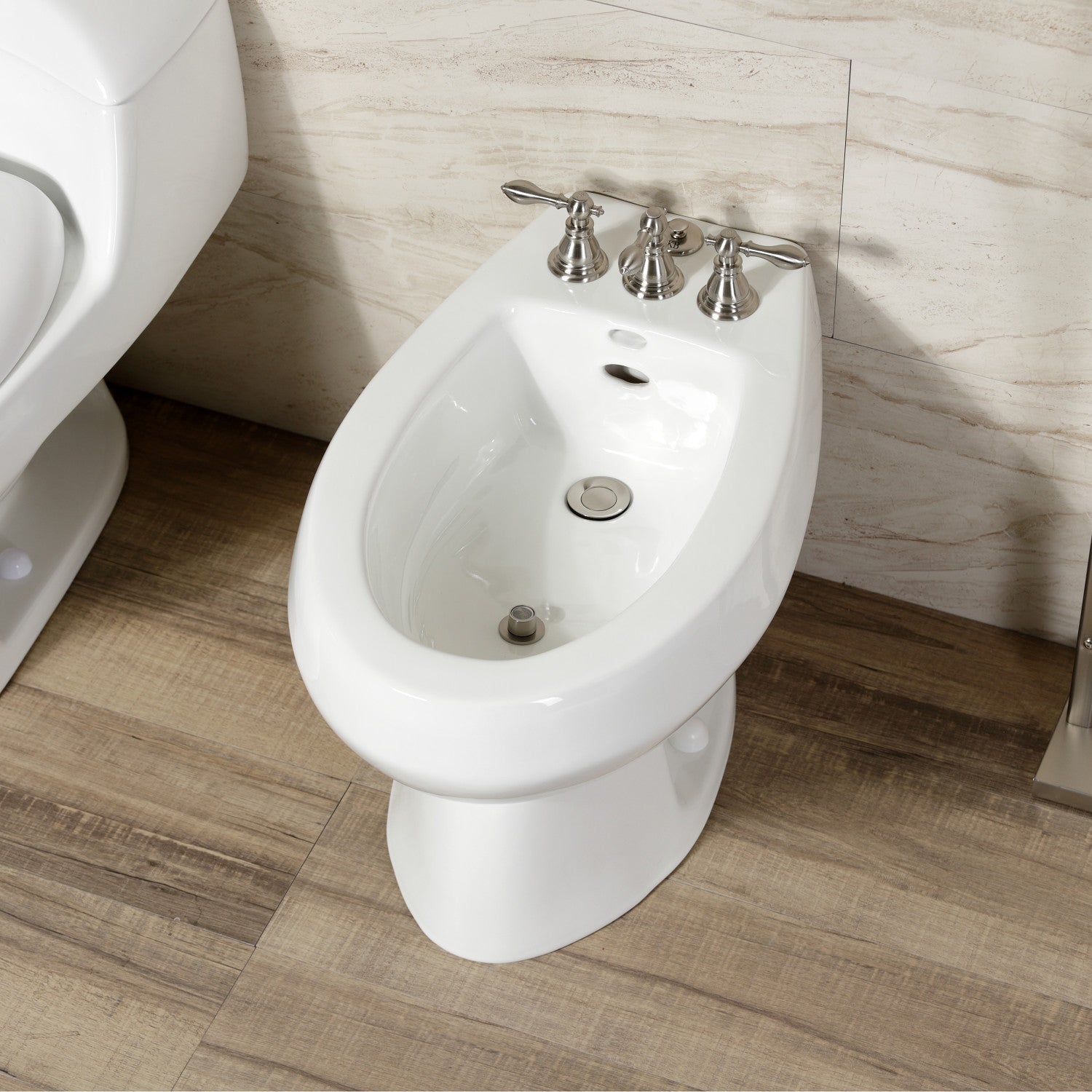 American Classic KB328ACL 3-Handle Deck Mount Vertical Spray Bidet Faucet with Brass Pop-Up Drain - Brushed Nickel Finish for Bathroom & Powder Room Renovation