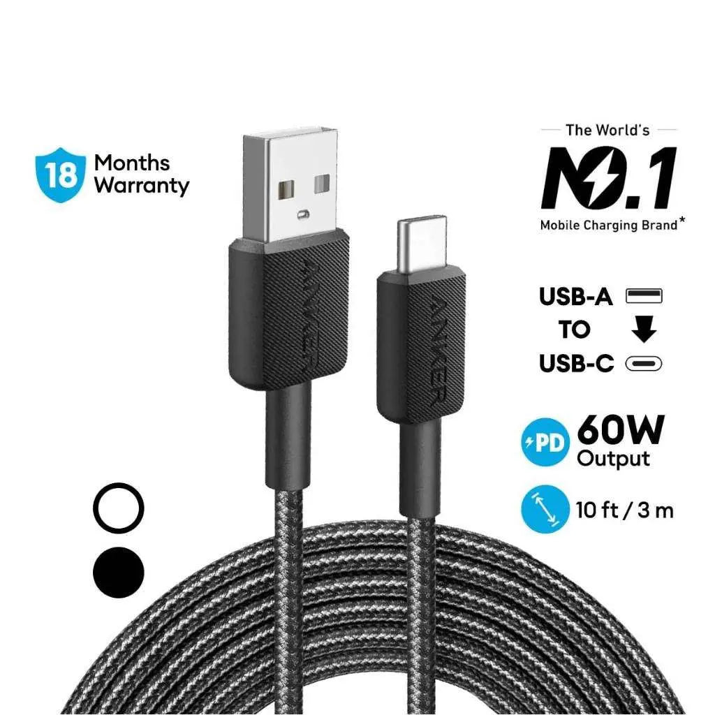 Anker 322 PowerLine USB A to USB C Fast Charging Cable 10ft/3m - High Speed Charging & Data Sync for Smartphones, Tablets & Laptops - Perfect for Home, Office & Travel Use