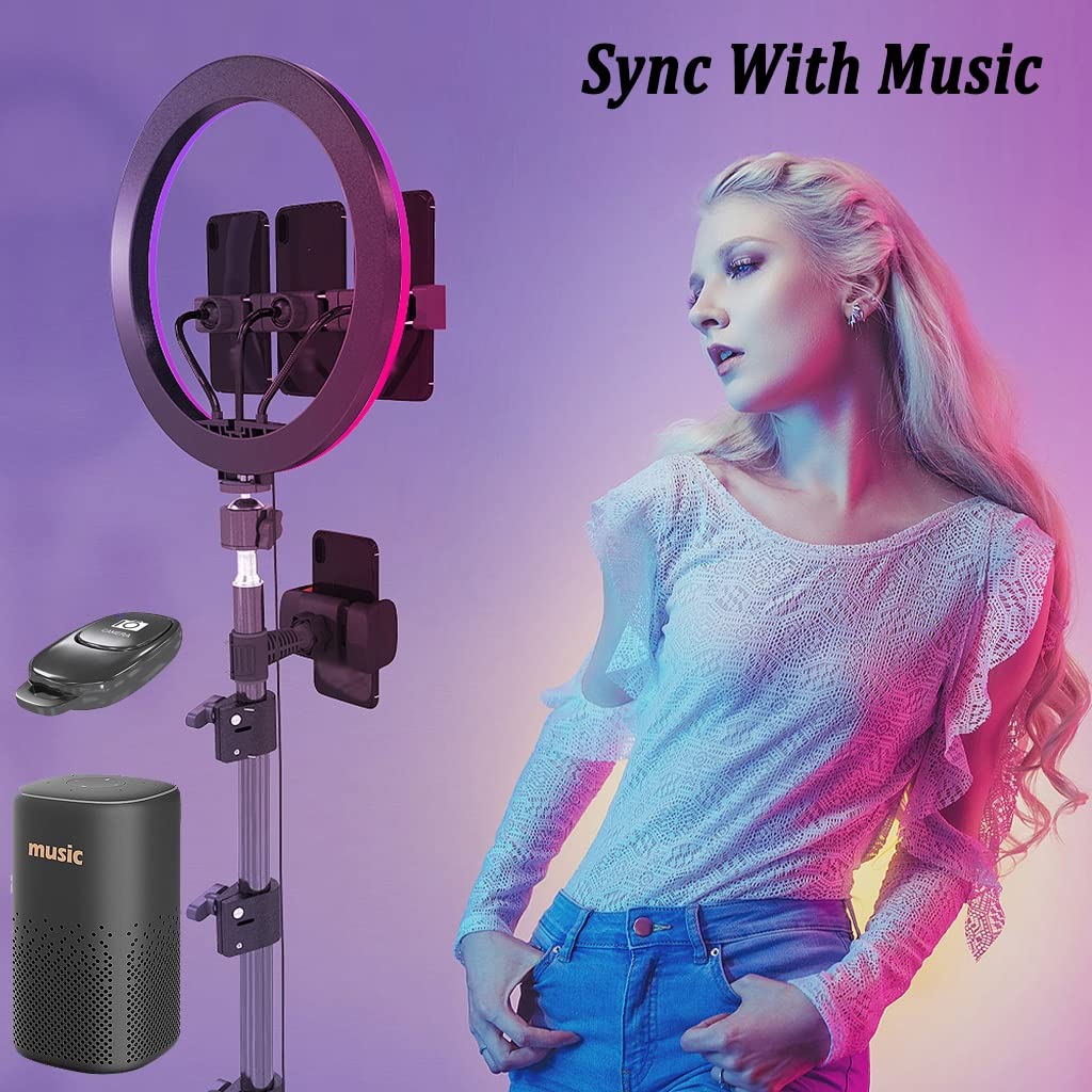 RGB Ring Light with Tripod Stand & 2 Phone Holders - 49 Color Modes, 10 Brightness Levels, Music Sync for TikTok, YouTube, Live Streaming & Photography | Perfect for Vlogging, Makeup Tutorials, Gaming Setup & Home Studio Lighting