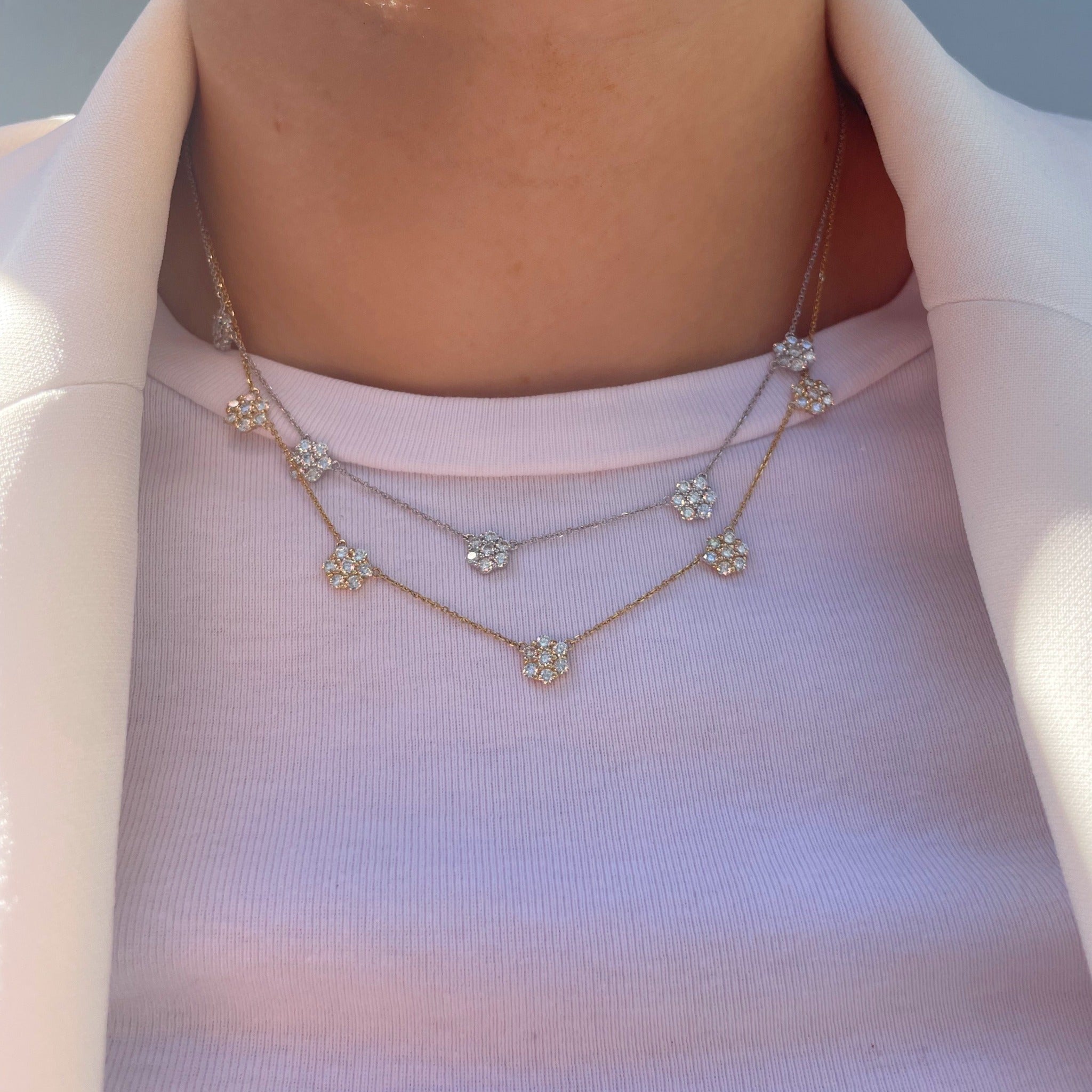 2 Carat Diamond Flower Cluster 5-Station 14K Yellow Gold Necklace for Women - Elegant Bridal Jewelry, Anniversary Gift, or Special Occasion Accessory