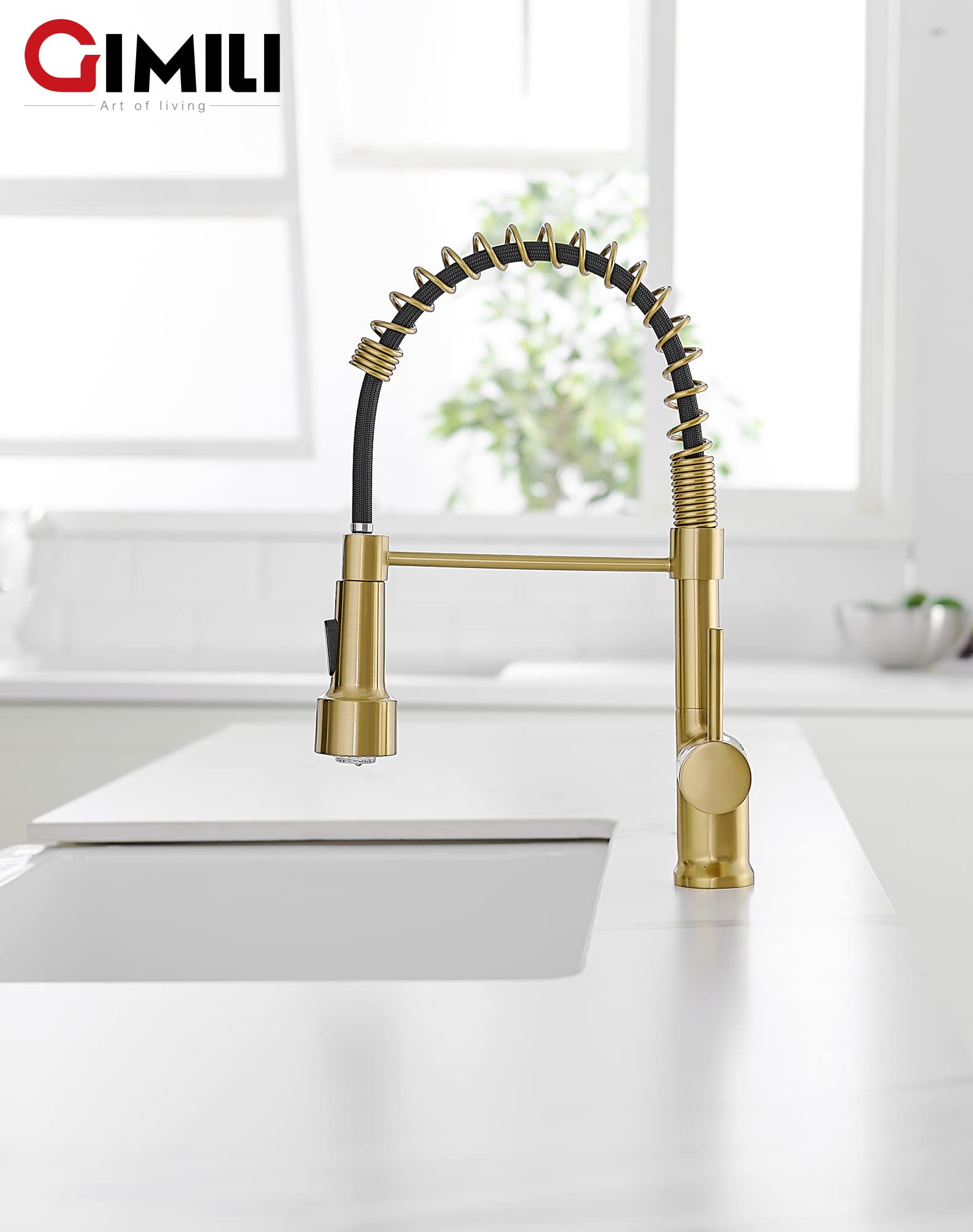 GIMILI Brushed Gold Kitchen Faucet with Pull Down Sprayer & LED Light for Modern Kitchens
