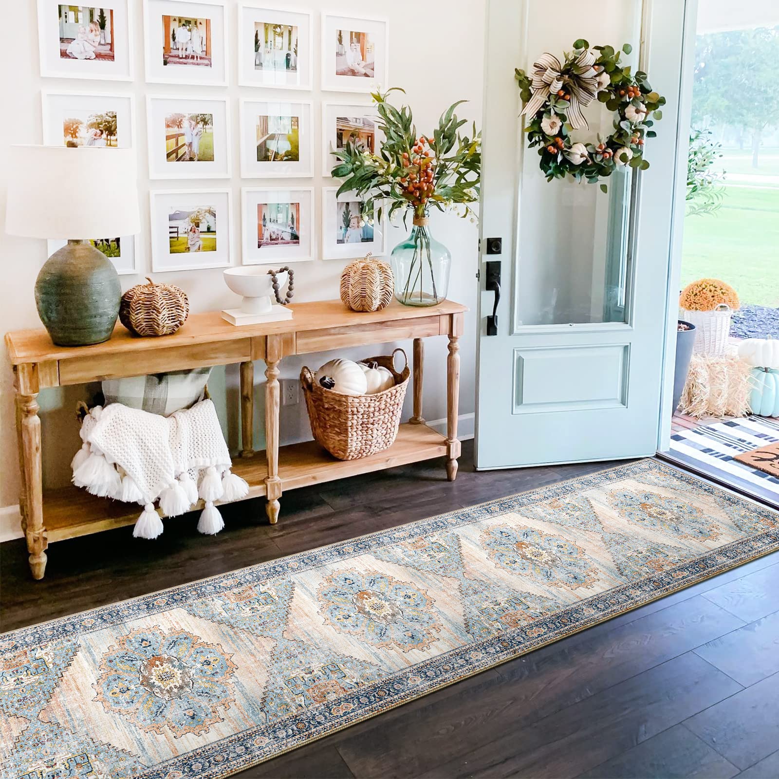 Non-Slip Washable Runner Rug 2x12 Feet - Waterproof Hallway Carpet for Kitchen, Living Room, Bedroom & Bathroom | Durable Anti-Skid Floor Mat for High Traffic Areas (Blue, 2X12) - Perfect for Entryways, Stairs and Home Decor