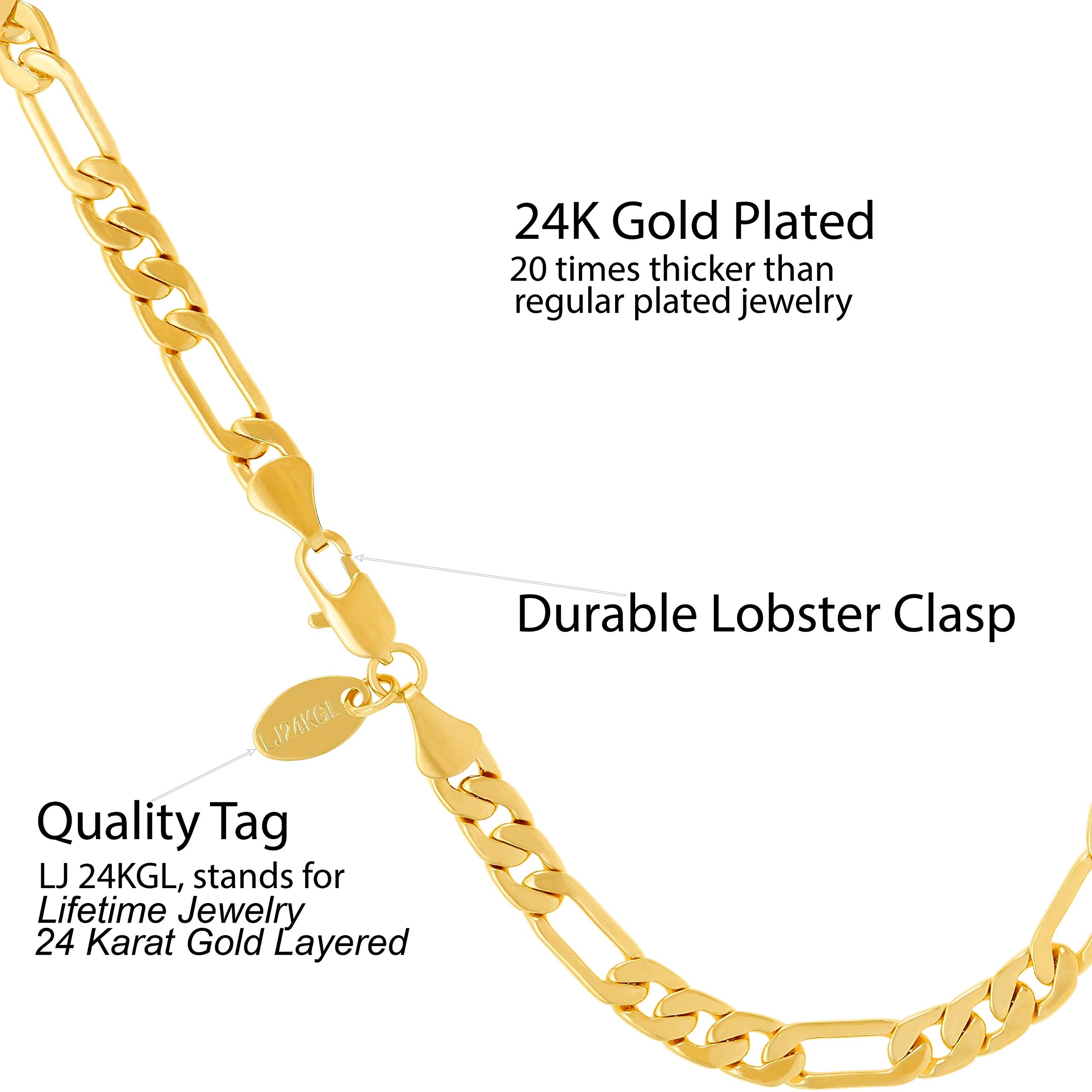 LIFETIME JEWELRY Women's 24K Gold Plated 5mm Figaro Chain Ankle Bracelet - Elegant Anklet for Everyday Wear, Parties & Special Occasions