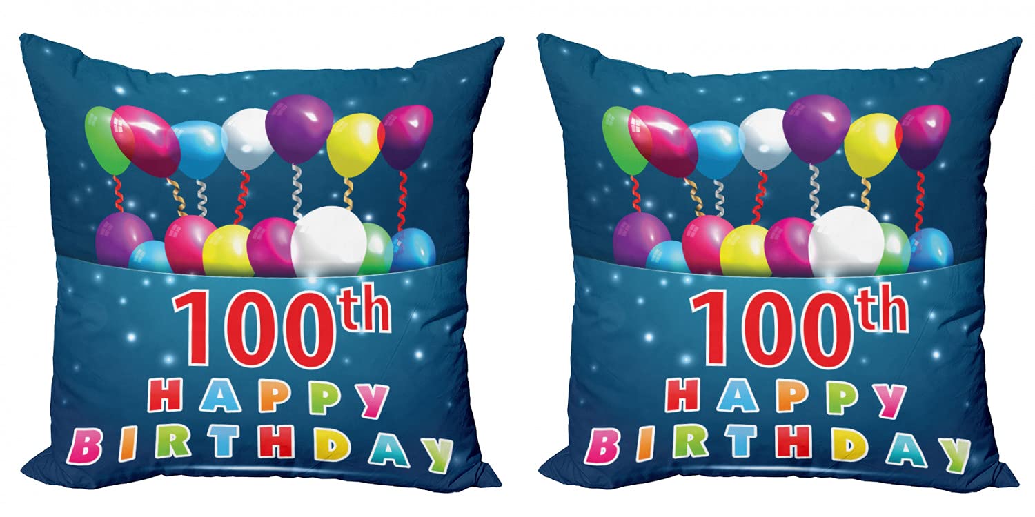 Ambesonne 100th Birthday Decorative Throw Pillow Covers (Pack of 2) - Colorful Balloons & Star Dots Design for 100 Years Celebration - 16 Inch Blue & Navy Cushion Covers for Sofa, Bed & Living Room - Perfect for Milestone Birthdays & Anniversary Decor