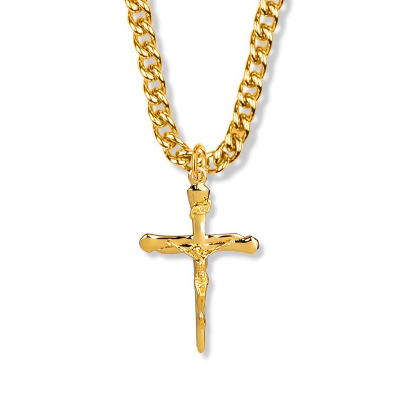 14KT Gold Plated Sterling Silver Nail Crucifix Pendant Necklace for Men - 24 Inch Stainless Steel Gold Plated Curb Chain - Religious Jewelry Gift for Baptism, Confirmation & Everyday Wear