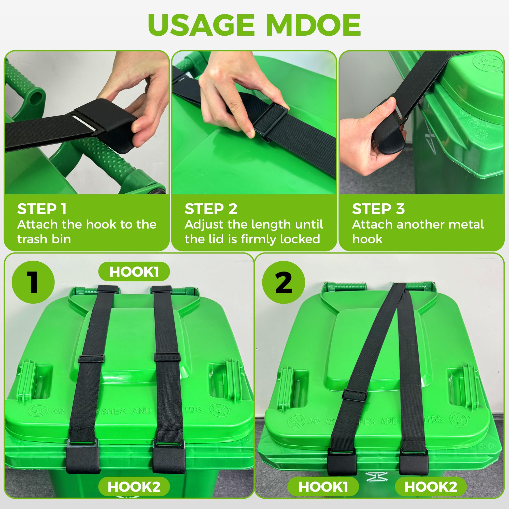 2-Pack Metal Double-Claw Non-Slip Trash Can Locks - Adjustable Garbage Bin Straps for Raccoons, Dogs & Small Animals - Durable & Easy-to-Install Lid Locks (Black) - Perfect for Outdoor Bins, Camping & Wildlife Areas