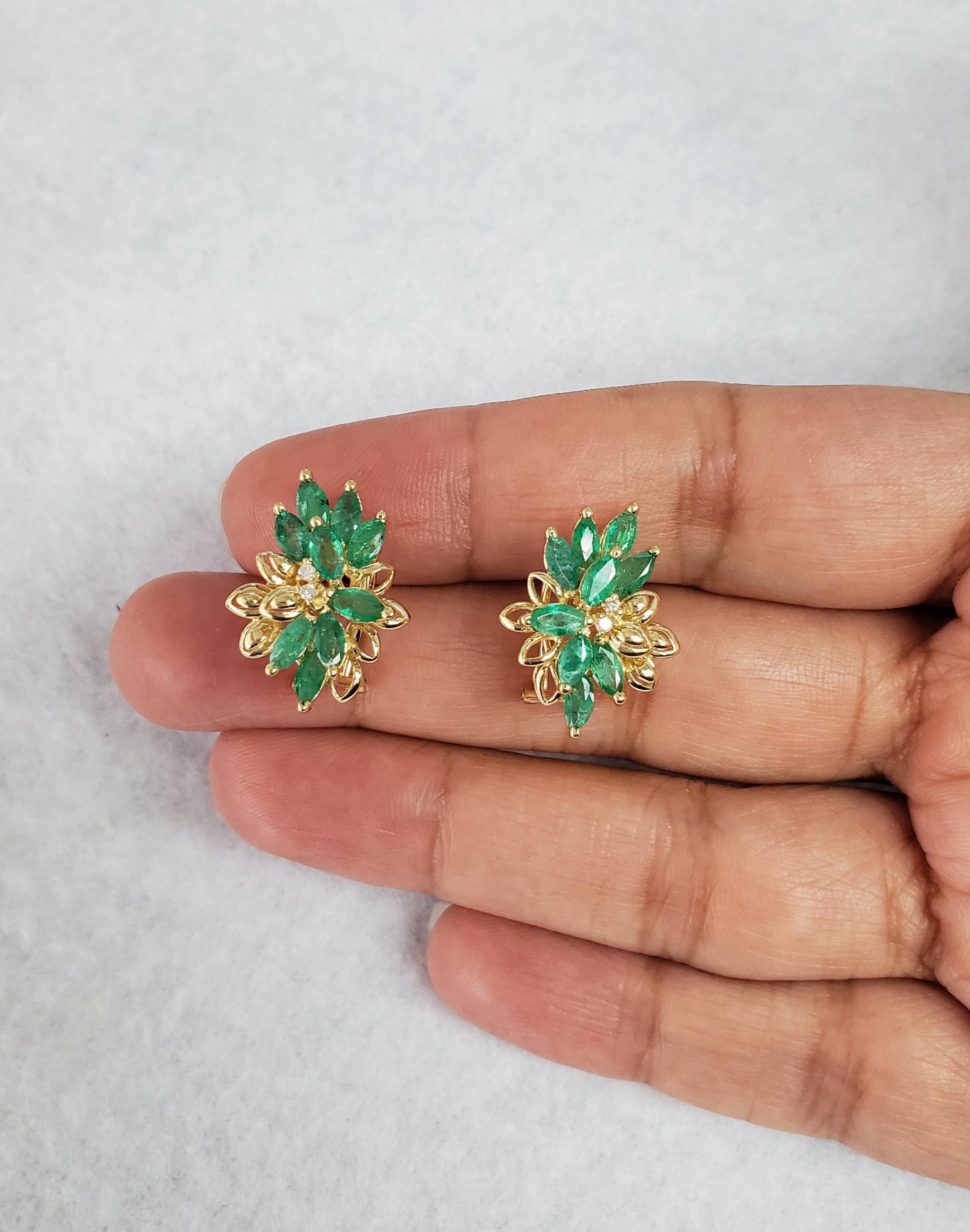 14K Yellow Gold Emerald Cluster Floral Earrings for Women - Elegant Dangle Earrings for Weddings, Parties & Special Occasions