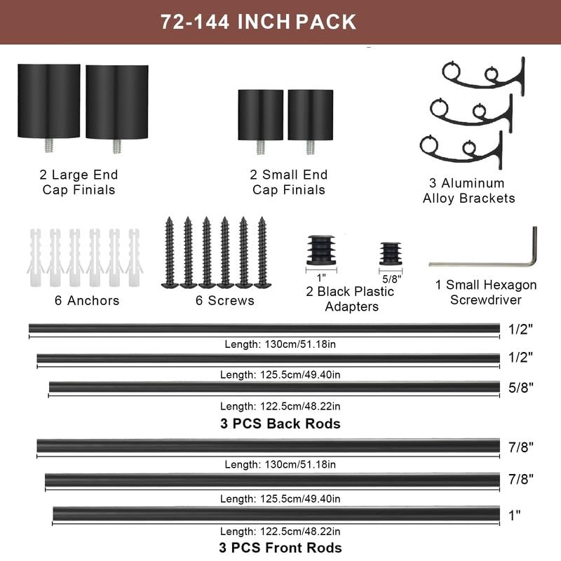 72 to 144 Inch (6-12ft) Matte Black Heavy Duty Double Curtain Rod - 1