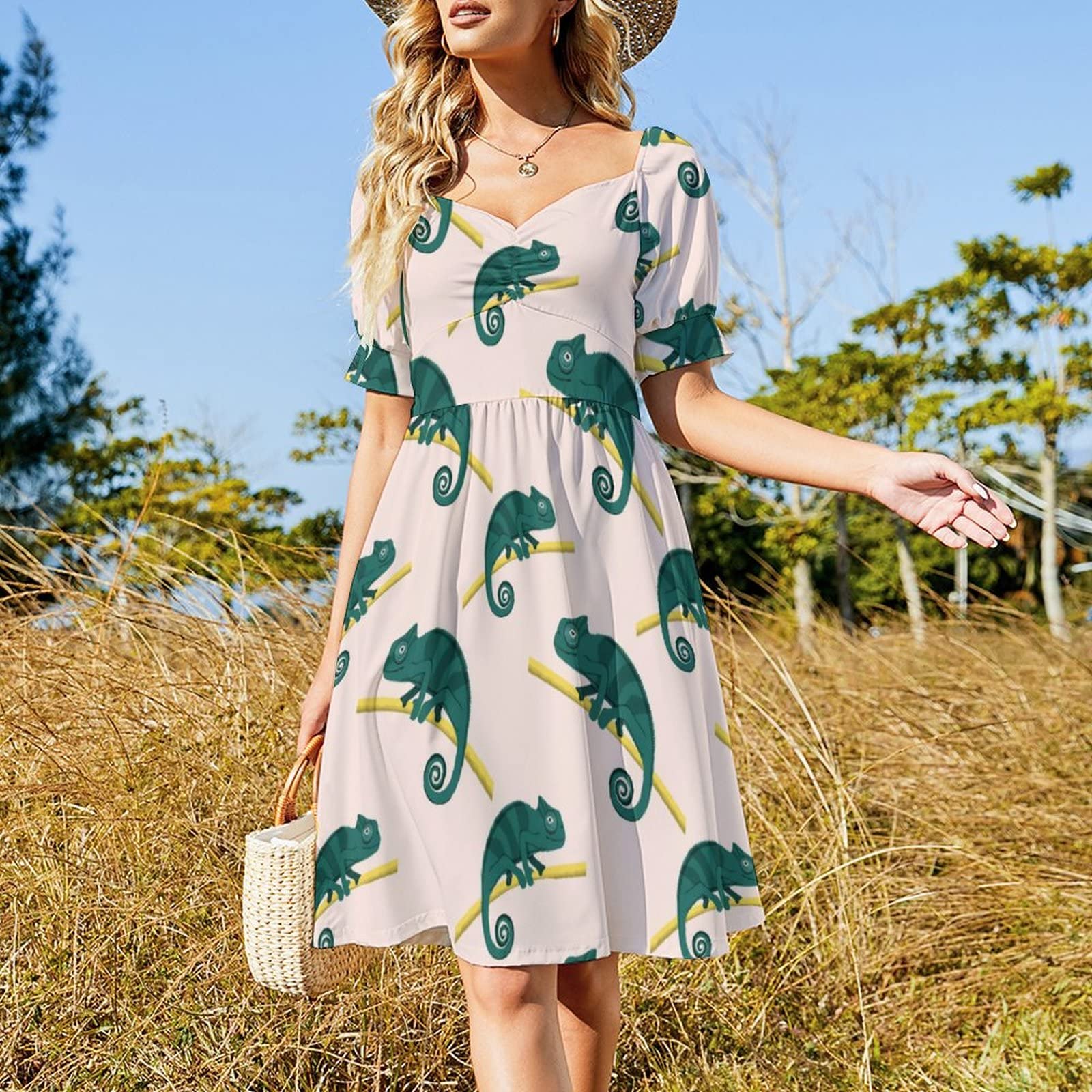 Women's Summer Floral Dress with Rose & Dew Print - Short Sleeve V-Neck Beach Dress for Casual Wear | Perfect for Vacations, Picnics & Outdoor Events