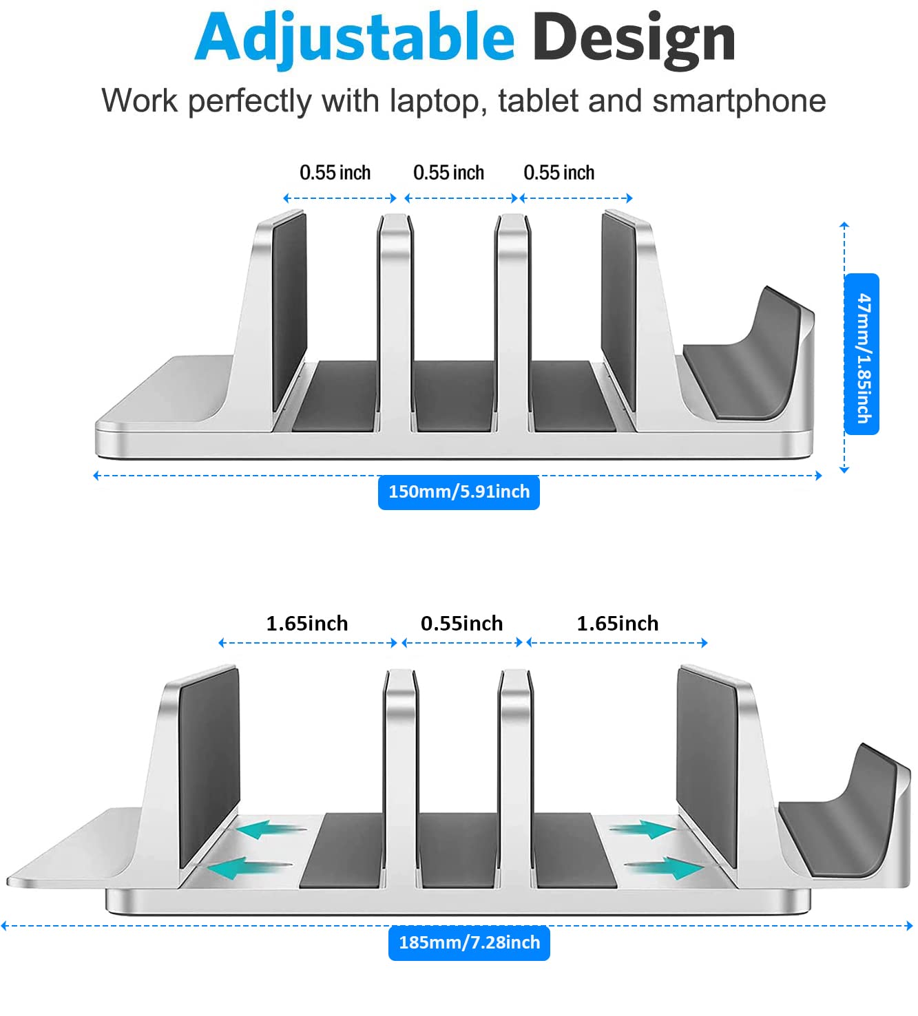 Adjustable 4-Slot Vertical Laptop Stand - Aluminum Desktop Holder for MacBook, PC, Tablet & Phone (Silver) | Space-Saving Office & Home Workspace Organizer