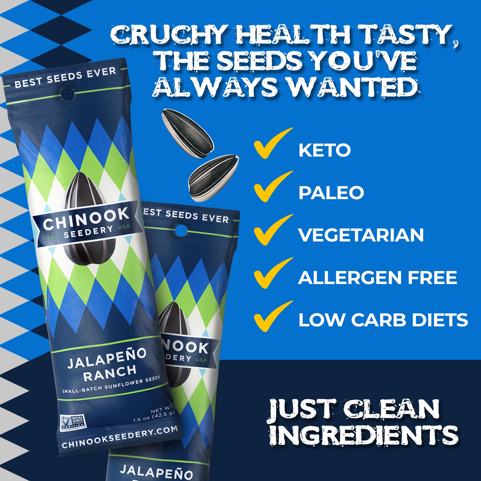 Roasted Sunflower Seeds - Jumbo Low Sodium, Keto Friendly, Gluten Free, Non GMO Snack - 1.5 oz Pack of 36 (Jalapeno Ranch Flavor) - Perfect for Hiking, Baseball Games, School Lunches & Healthy On-the-Go Snacking