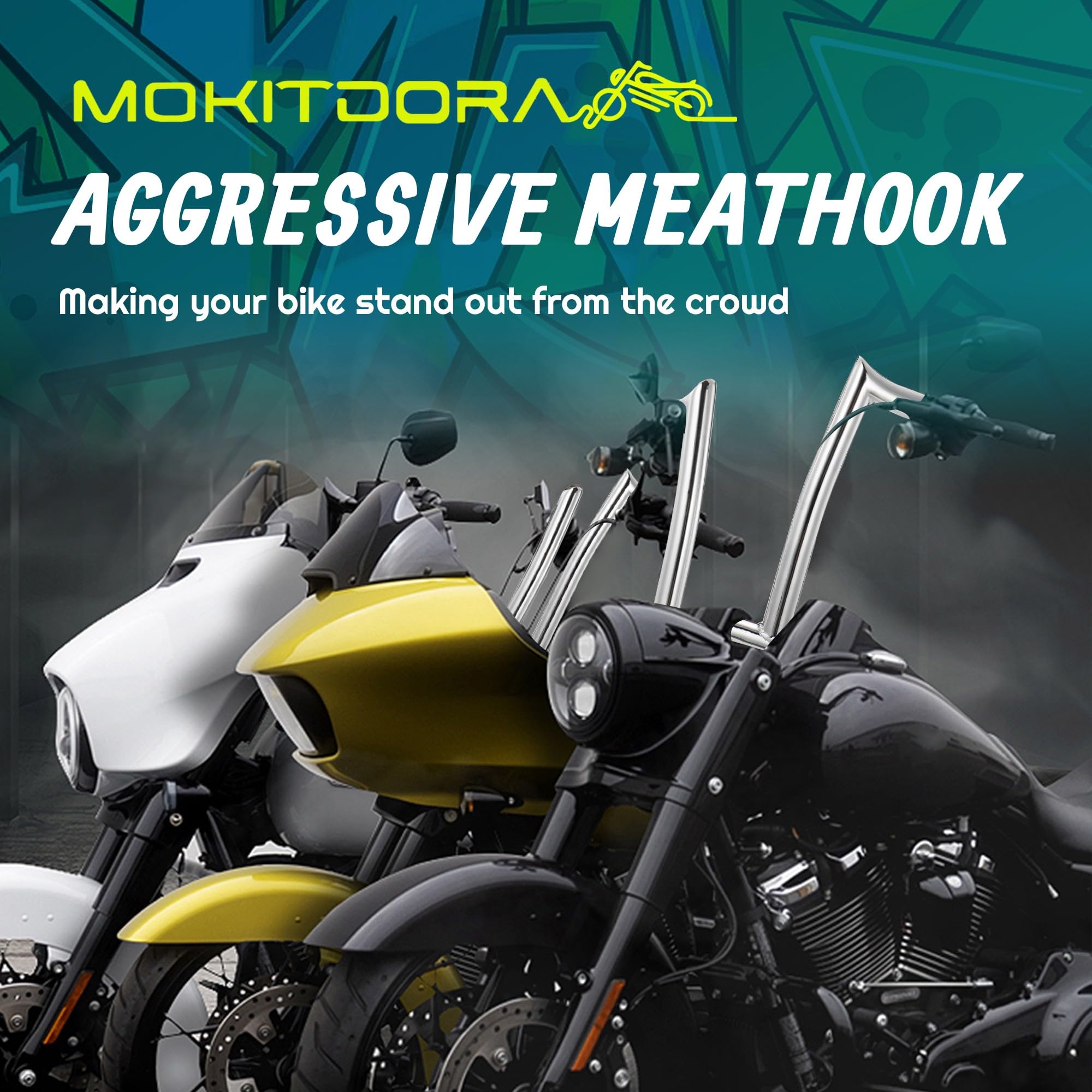 MoKitDora 14” Ape Hanger Handlebar for Harley Dyna Softail Sportster XL 883/1200, Road King & Road Glide - 1-1/4