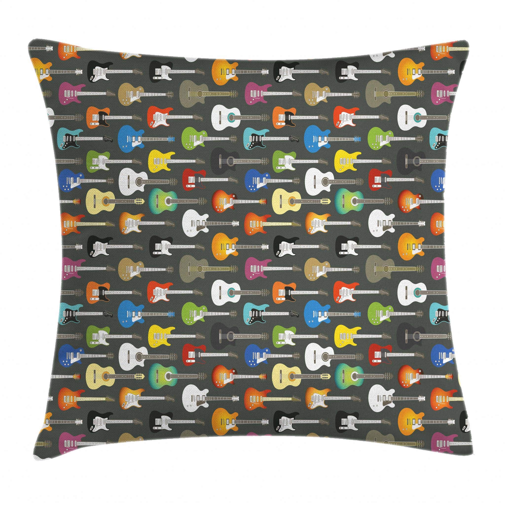 Ambesonne Guitar Throw Pillow Cover 20x20 Inches - Grunge Music Instrument Design, Acoustic Guitar Strings Pattern, Creative Songwriting Decor - Perfect for Living Room, Bedroom & Music Studio Decor