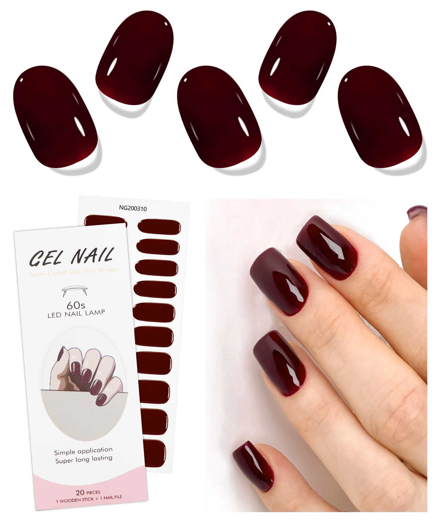 JMEOWIO Wine Red Semi Cured Gel Nail Strips - Long Lasting UV/LED Gel Nail Stickers for Nail Art Designs | Perfect for Home Manicures, Salon Nail Decorations & DIY Nail Art Accessories