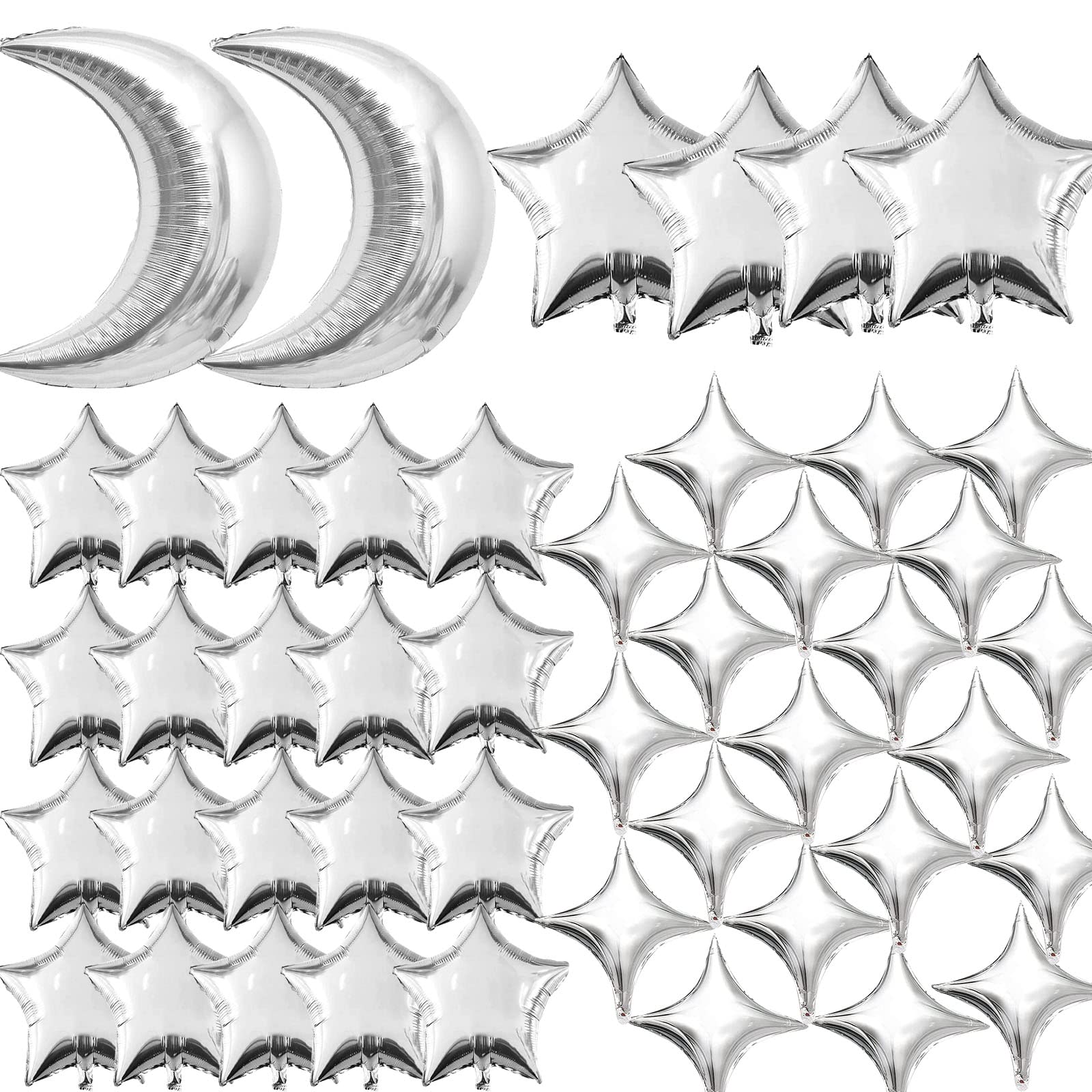 50pcs Silver Moon and Star Foil Balloons - 36