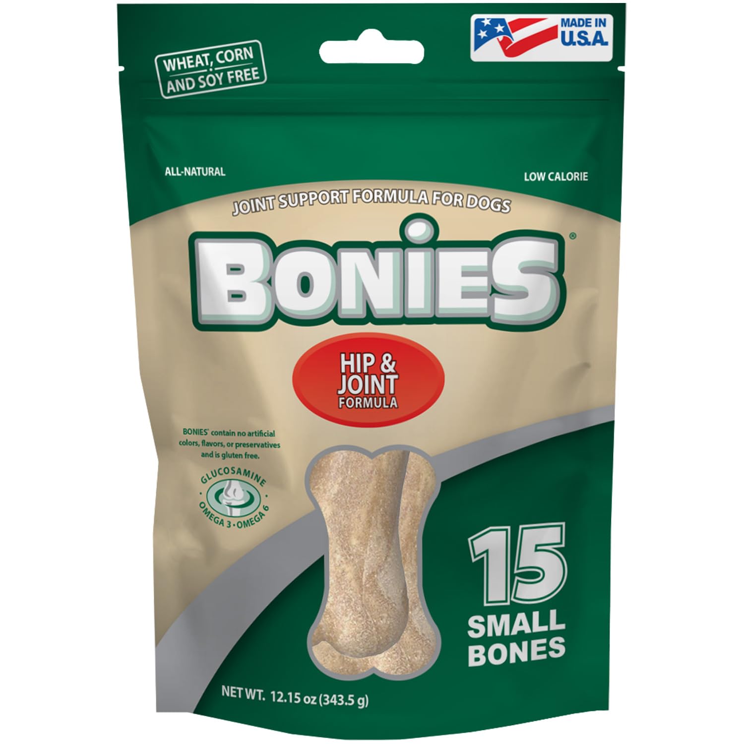 Bonies Natural Hip & Joint Formula Small-Sized Dog Treats - Glucosamine & Omega Fatty Acids for Joint Health - Fresh Breath & Teeth Cleaning - Low Calorie Chicken Flavor (15 Bones) - Perfect for Small Dogs & Puppies with Joint Issues