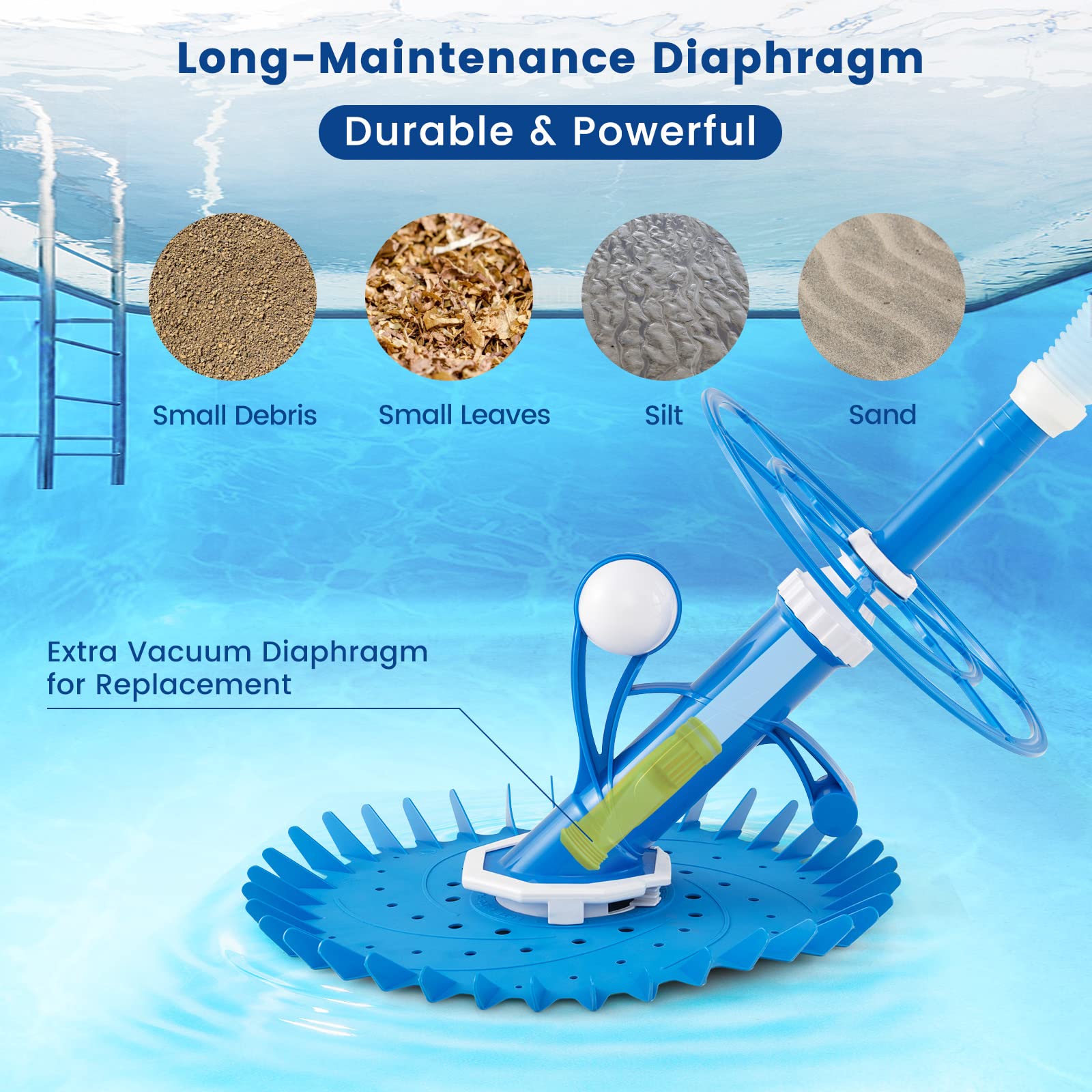 Upgraded Goplus Automatic Pool Cleaner - Robotic Vacuum Suction Pool Sweeper with 10 x 3.3 FT Extension Hoses & 36-Fin Disc, Side Climbing Design for Above Ground & Inground Pools - Efficiently Cleans Floors, Walls & Corners - Perfect for Backyard, Residential & Commercial Swimming Pools